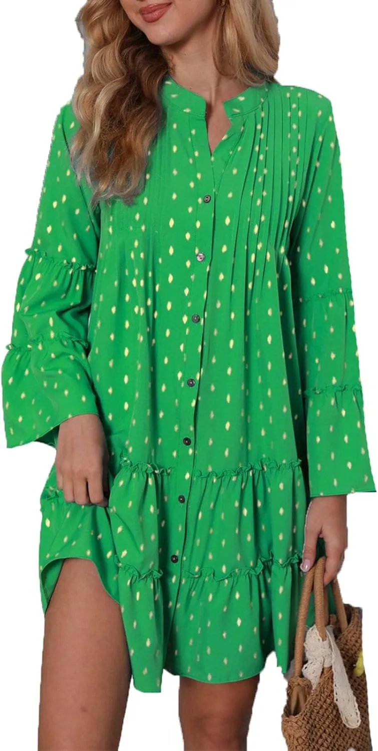 Women's Long Bell Sleeve Ruffle Tiered Mini Babydoll Dress Casual Loose Flowy Button Down Shift Dress