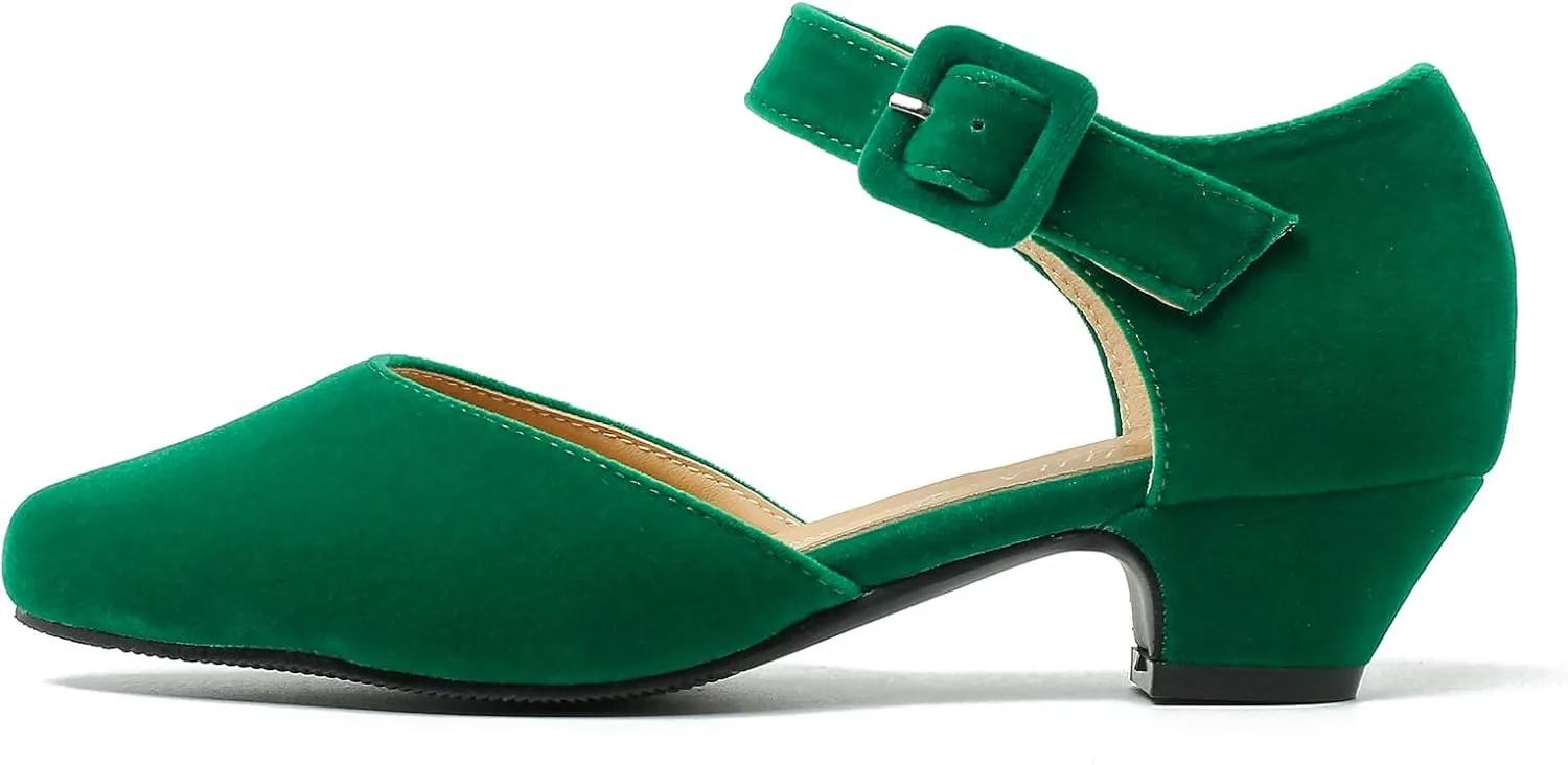Women's Low Block Heels Ankle Buckle Strap Closed Toe Comfortable Chunky Heel Dress Work Pumps