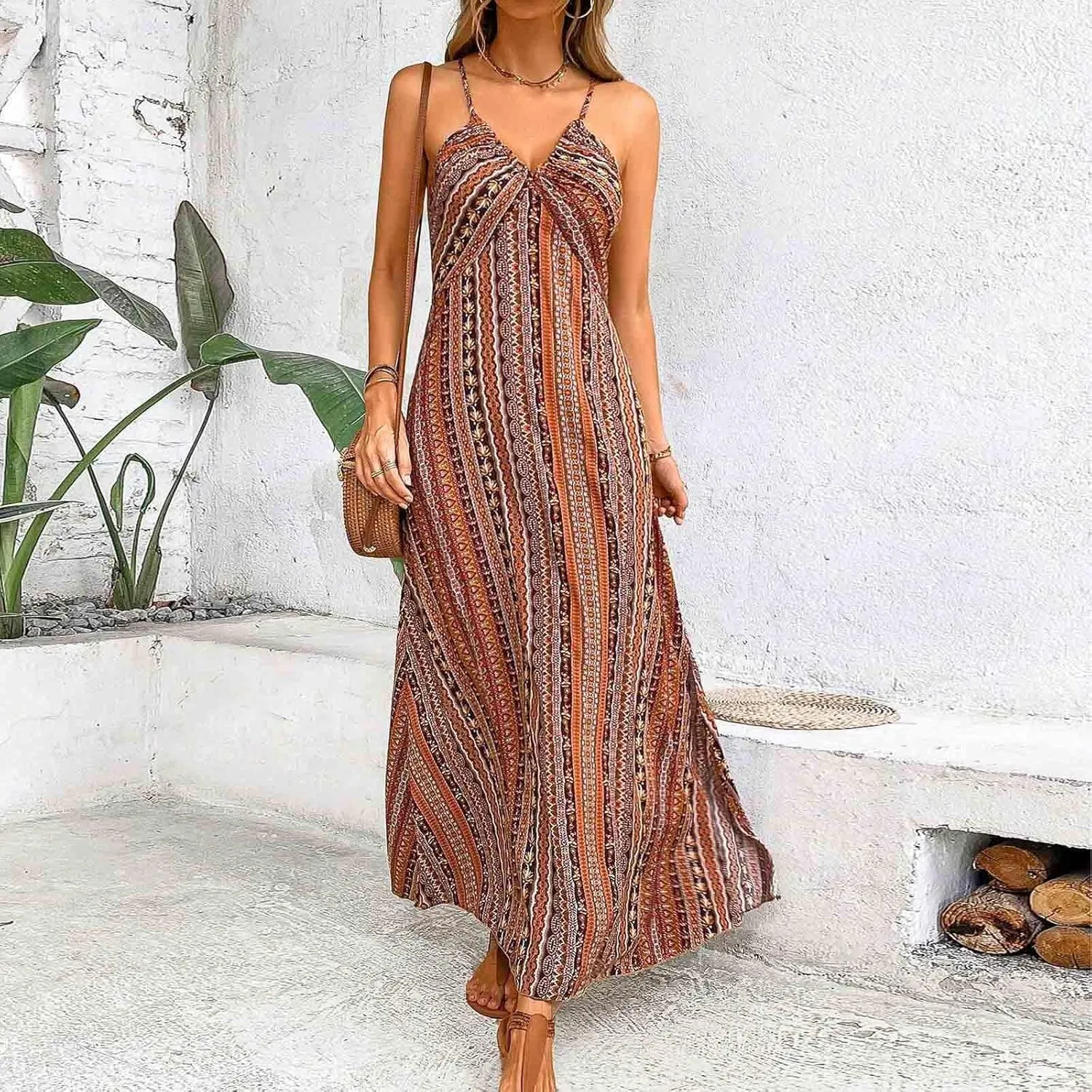 Womens Maxi Dresses Boho Ethnic Style Vintage Floral Dress Sexy V-Neck Sleeveless Side Split Summer Beach Sundress