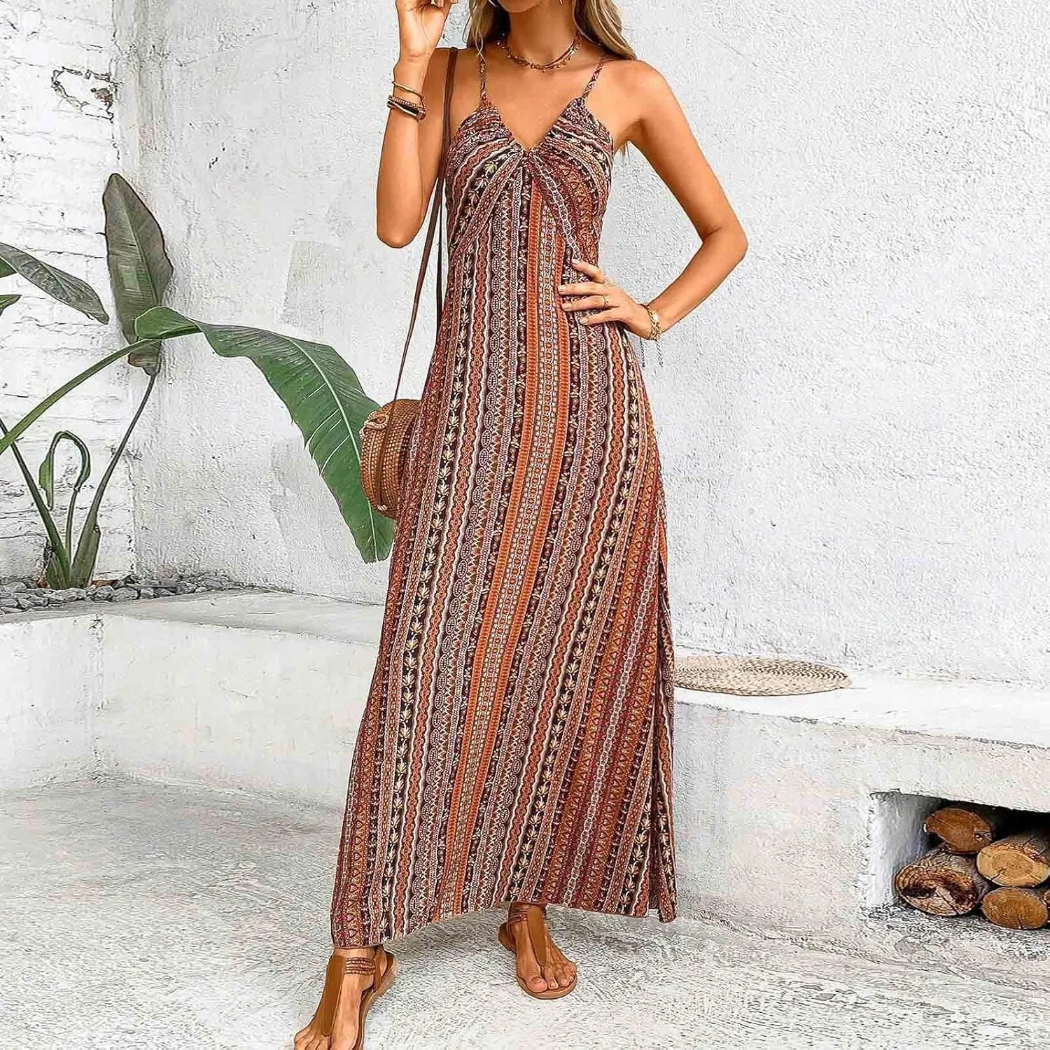 Womens Maxi Dresses Boho Ethnic Style Vintage Floral Dress Sexy V-Neck Sleeveless Side Split Summer Beach Sundress