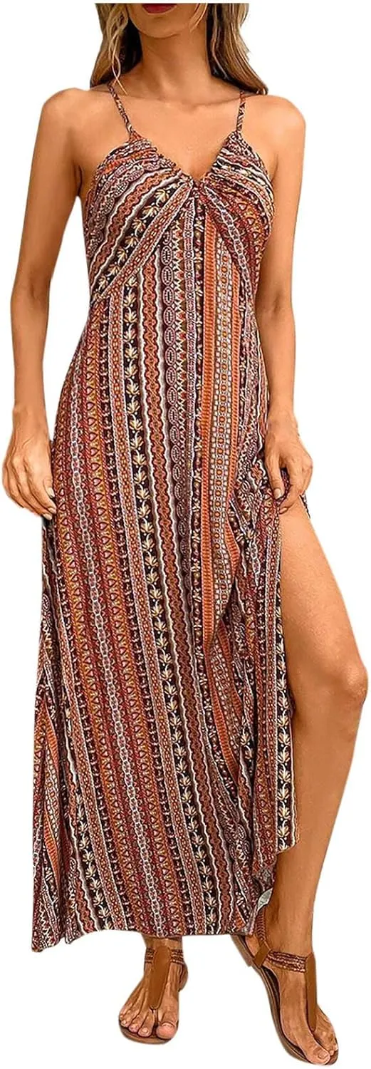 Womens Maxi Dresses Boho Ethnic Style Vintage Floral Dress Sexy V-Neck Sleeveless Side Split Summer Beach Sundress