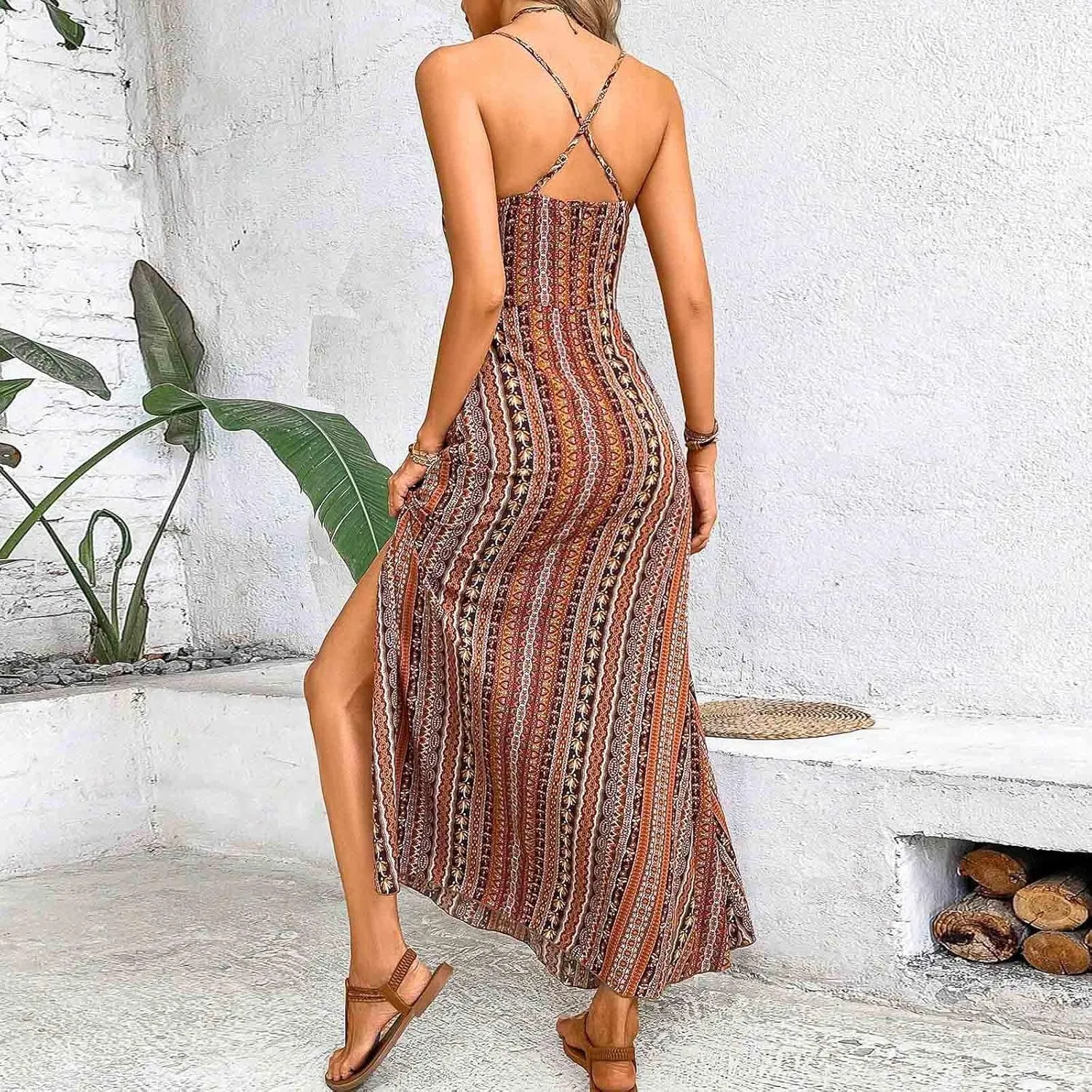 Womens Maxi Dresses Boho Ethnic Style Vintage Floral Dress Sexy V-Neck Sleeveless Side Split Summer Beach Sundress