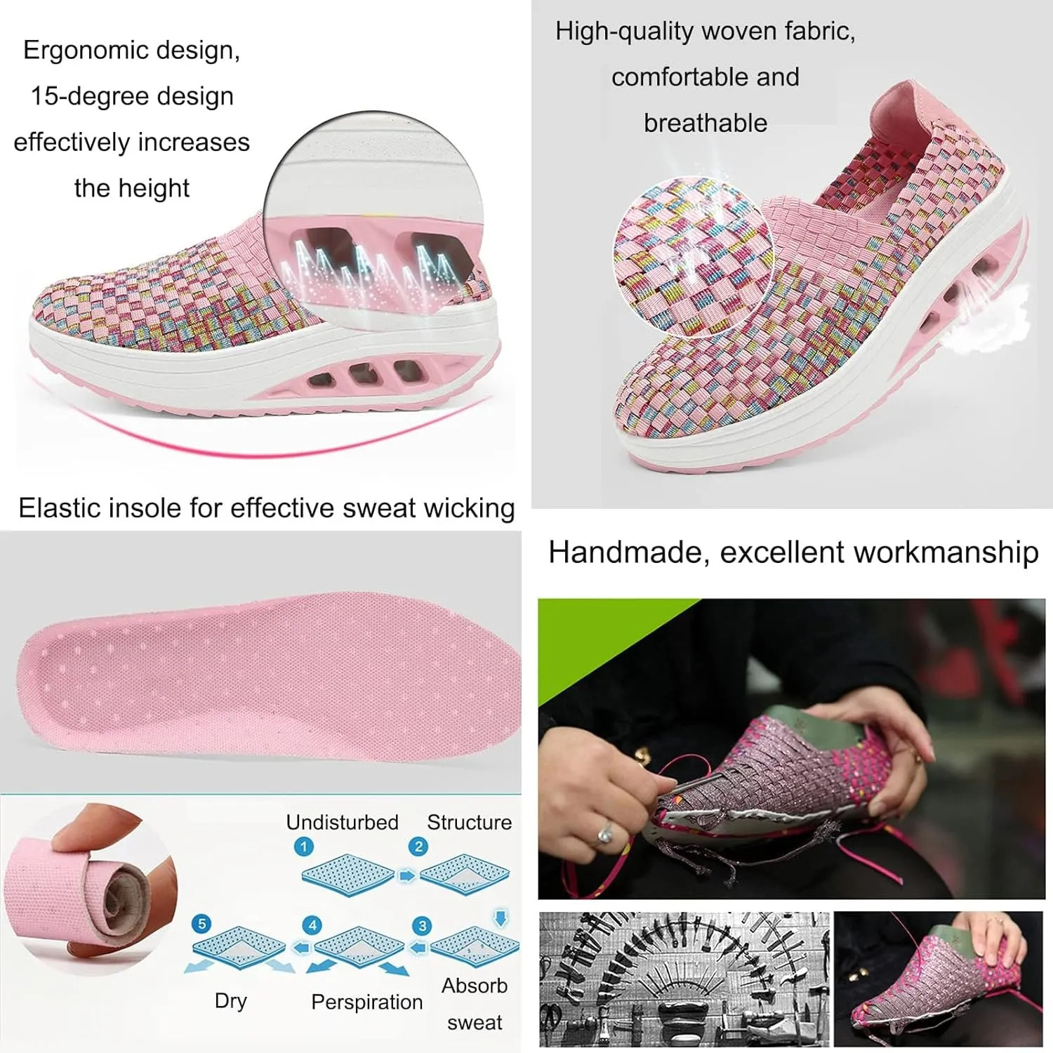 Women's Mesh Woven Breathable Slip On Orthopedic Walking Shoes,Fashion Wedge Platform Slip on Loafer Walking Shoes with Arch Support