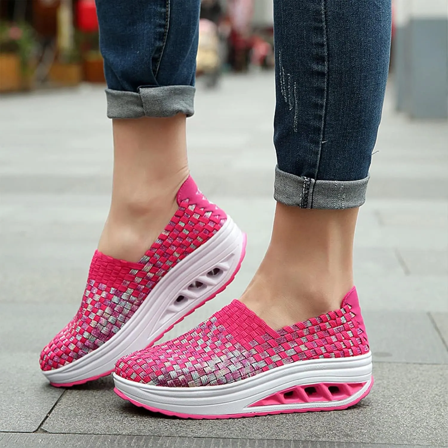 Women's Mesh Woven Breathable Slip On Orthopedic Walking Shoes,Fashion Wedge Platform Slip on Loafer Walking Shoes with Arch Support