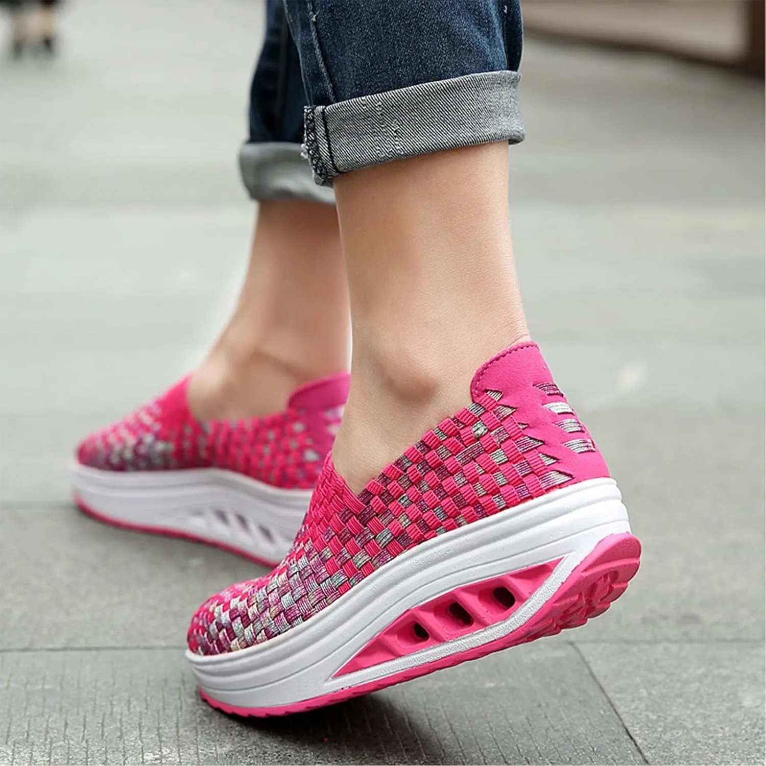 Women's Mesh Woven Breathable Slip On Orthopedic Walking Shoes,Fashion Wedge Platform Slip on Loafer Walking Shoes with Arch Support