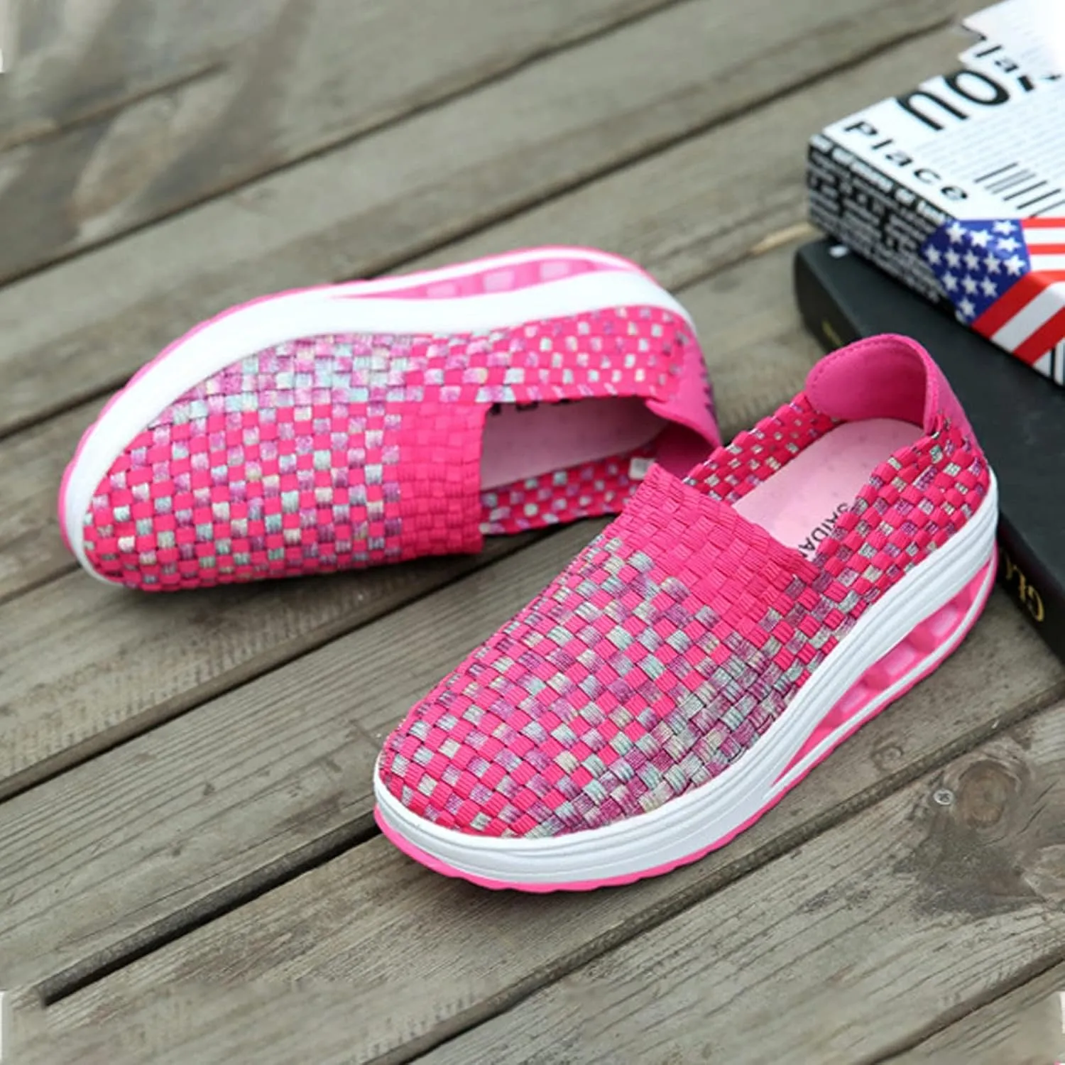 Women's Mesh Woven Breathable Slip On Orthopedic Walking Shoes,Fashion Wedge Platform Slip on Loafer Walking Shoes with Arch Support
