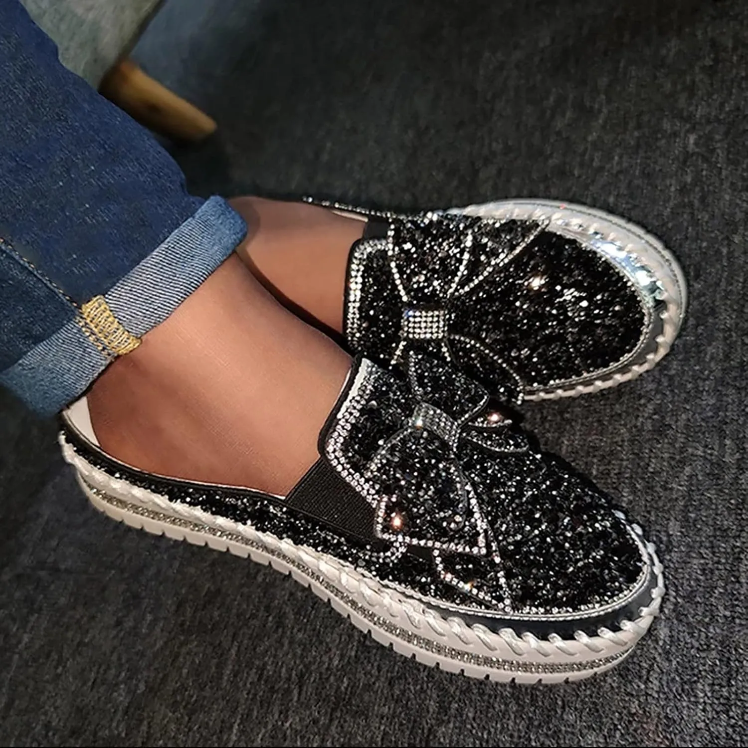 Women's New Spring and Summer Bow Knot Diamond Sequins Semi Slippers Thick Soled Worn Mens Skate Shoes High Top