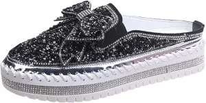Women's New Spring and Summer Bow Knot Diamond Sequins Semi Slippers Thick Soled Worn Mens Skate Shoes High Top