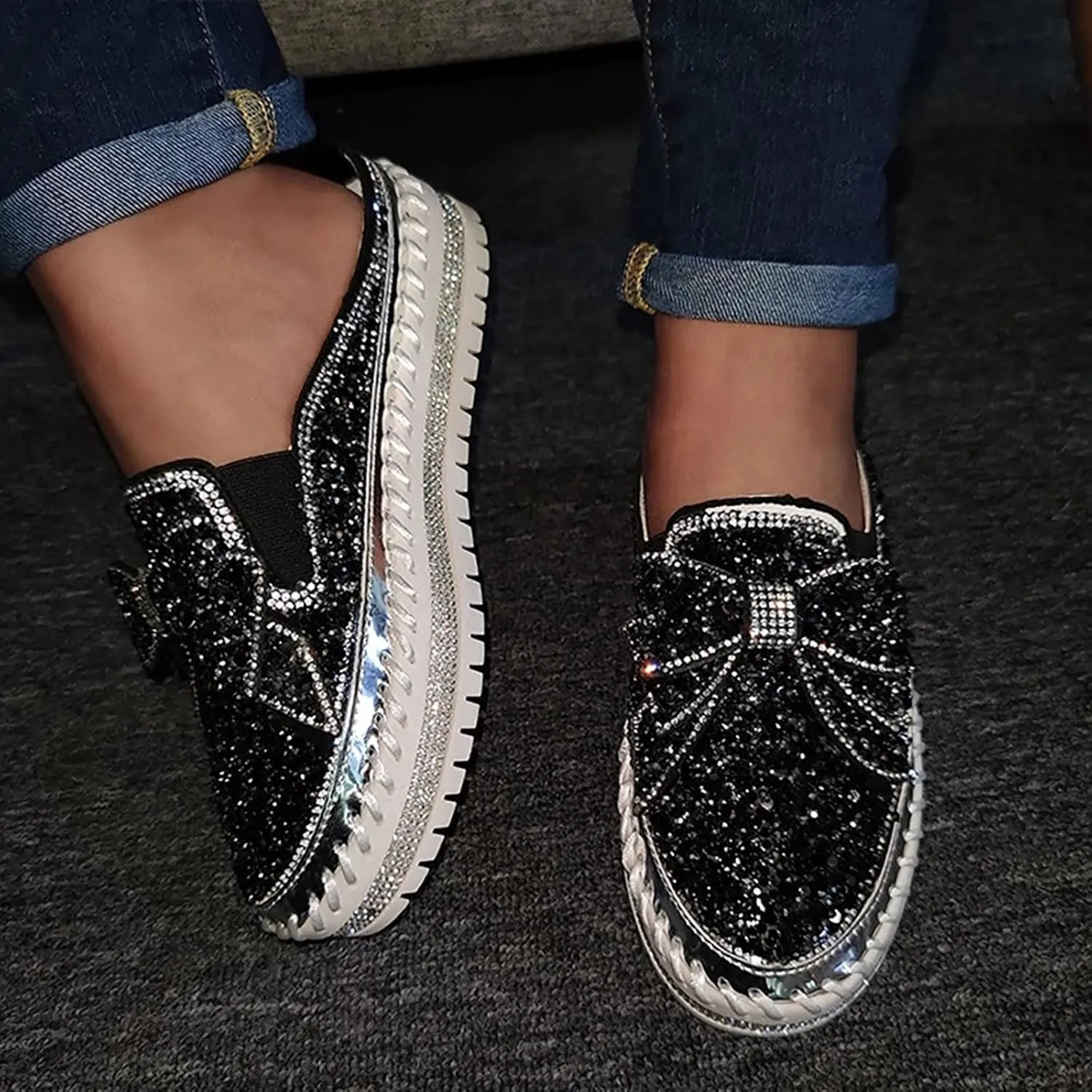 Women's New Spring and Summer Bow Knot Diamond Sequins Semi Slippers Thick Soled Worn Mens Skate Shoes High Top