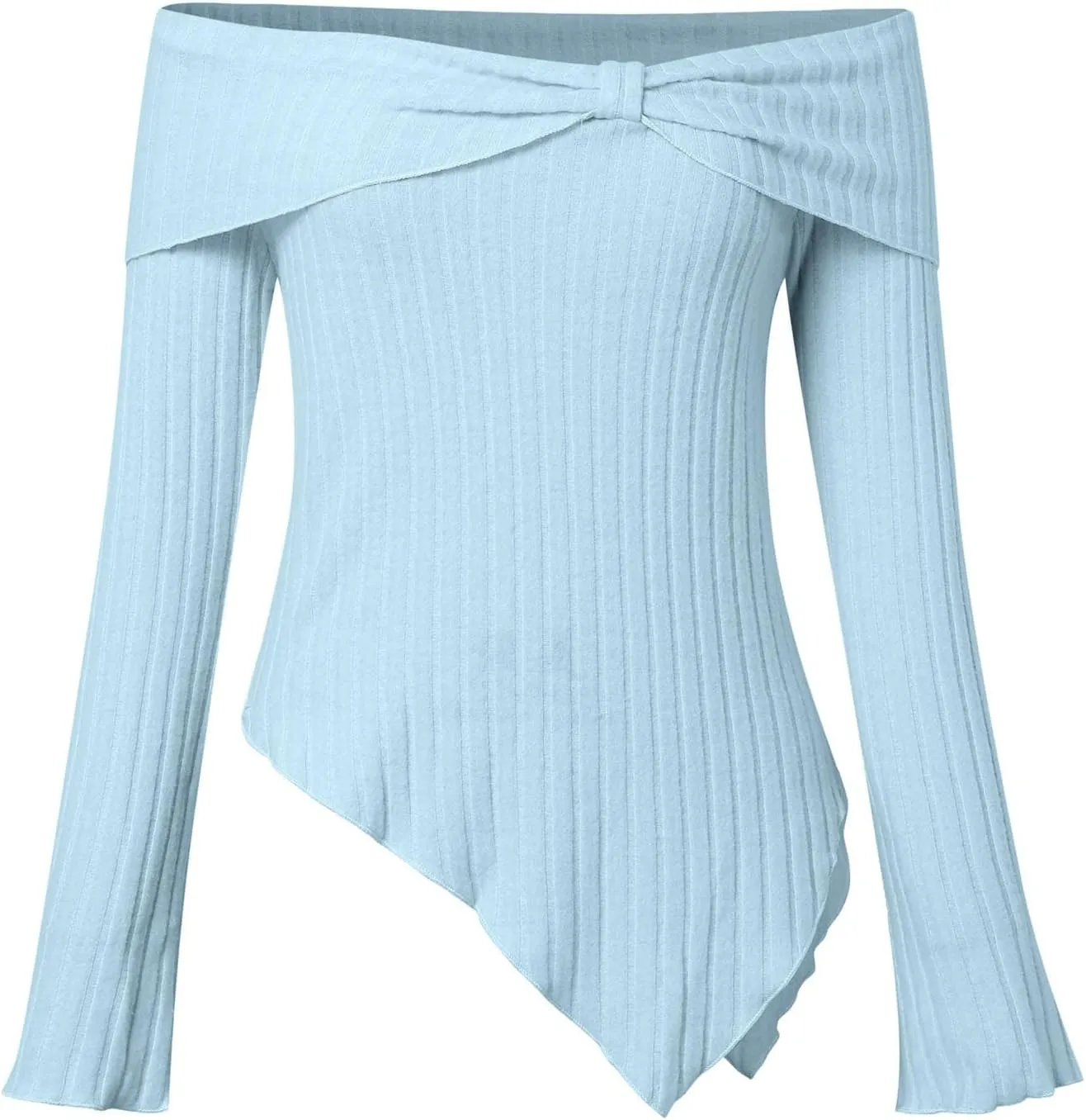 Womens Off Shoulder Sweater Tops Lettuce Trim Long Sleeve Ribbed Knit Asymmetrical Slim Fit Pullover Tee T-Shirt