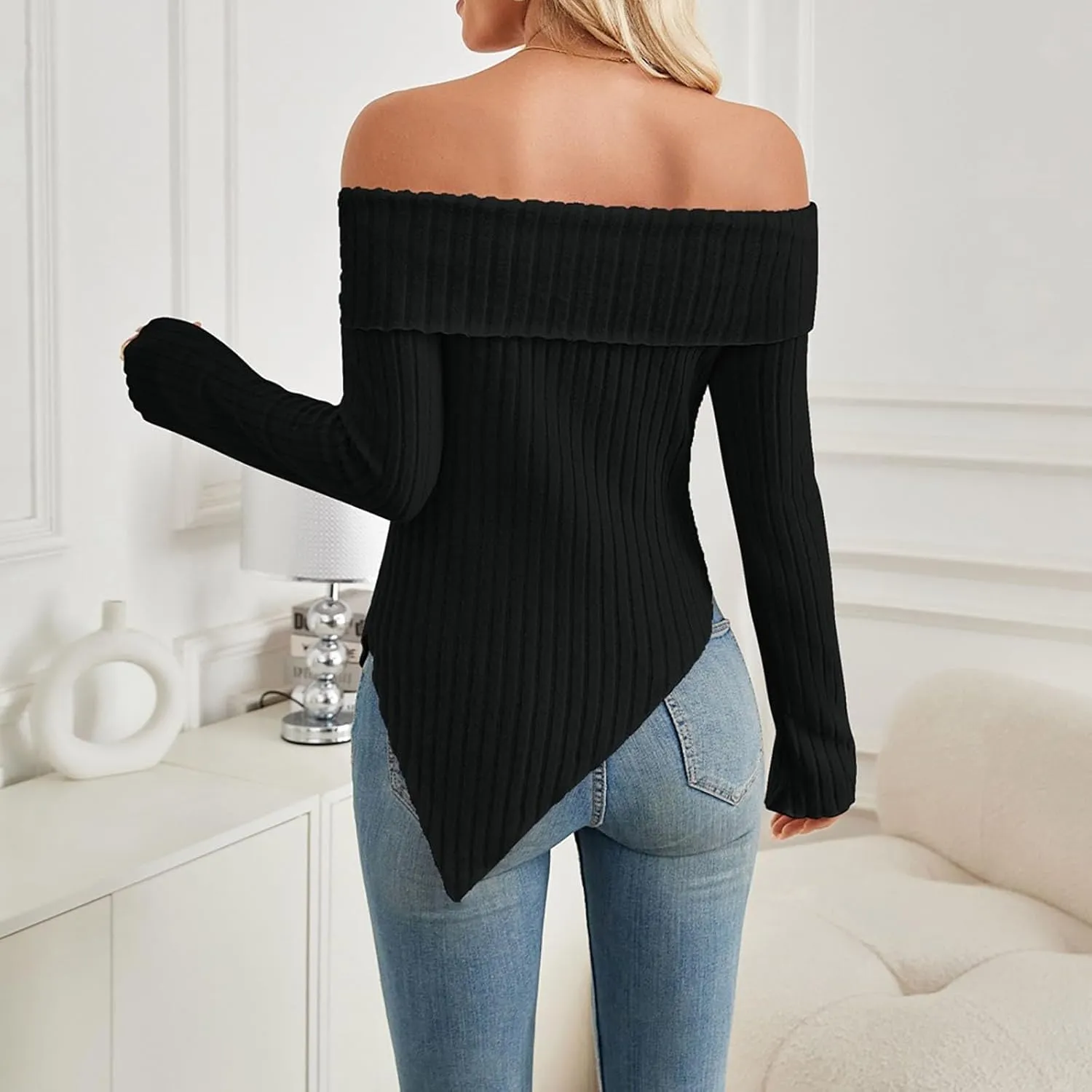 Womens Off Shoulder Sweater Tops Lettuce Trim Long Sleeve Ribbed Knit Asymmetrical Slim Fit Pullover Tee T-Shirt