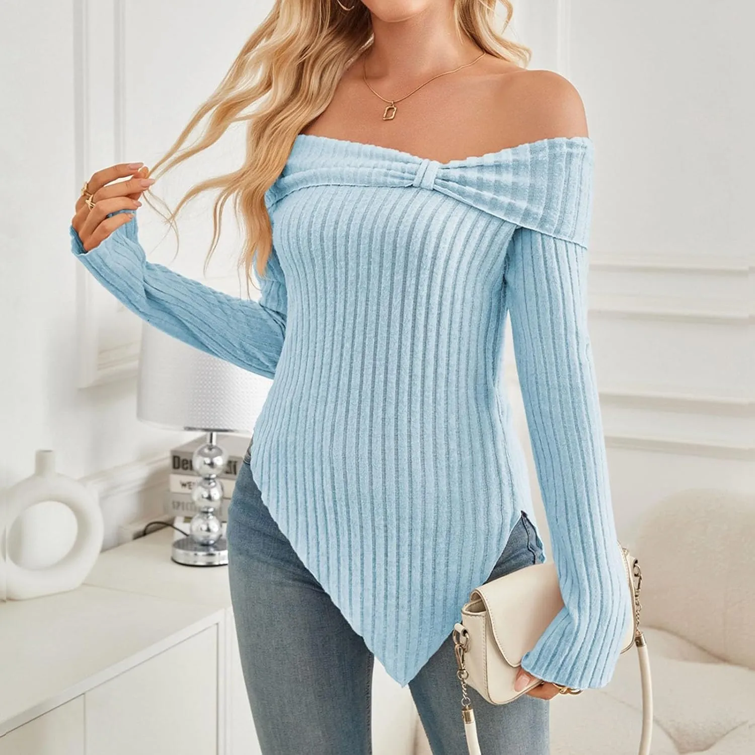 Womens Off Shoulder Sweater Tops Lettuce Trim Long Sleeve Ribbed Knit Asymmetrical Slim Fit Pullover Tee T-Shirt