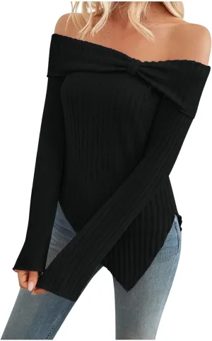 Womens Off Shoulder Sweater Tops Lettuce Trim Long Sleeve Ribbed Knit Asymmetrical Slim Fit Pullover Tee T-Shirt