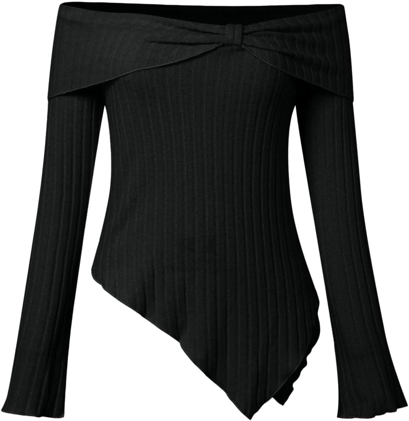 Womens Off Shoulder Sweater Tops Lettuce Trim Long Sleeve Ribbed Knit Asymmetrical Slim Fit Pullover Tee T-Shirt