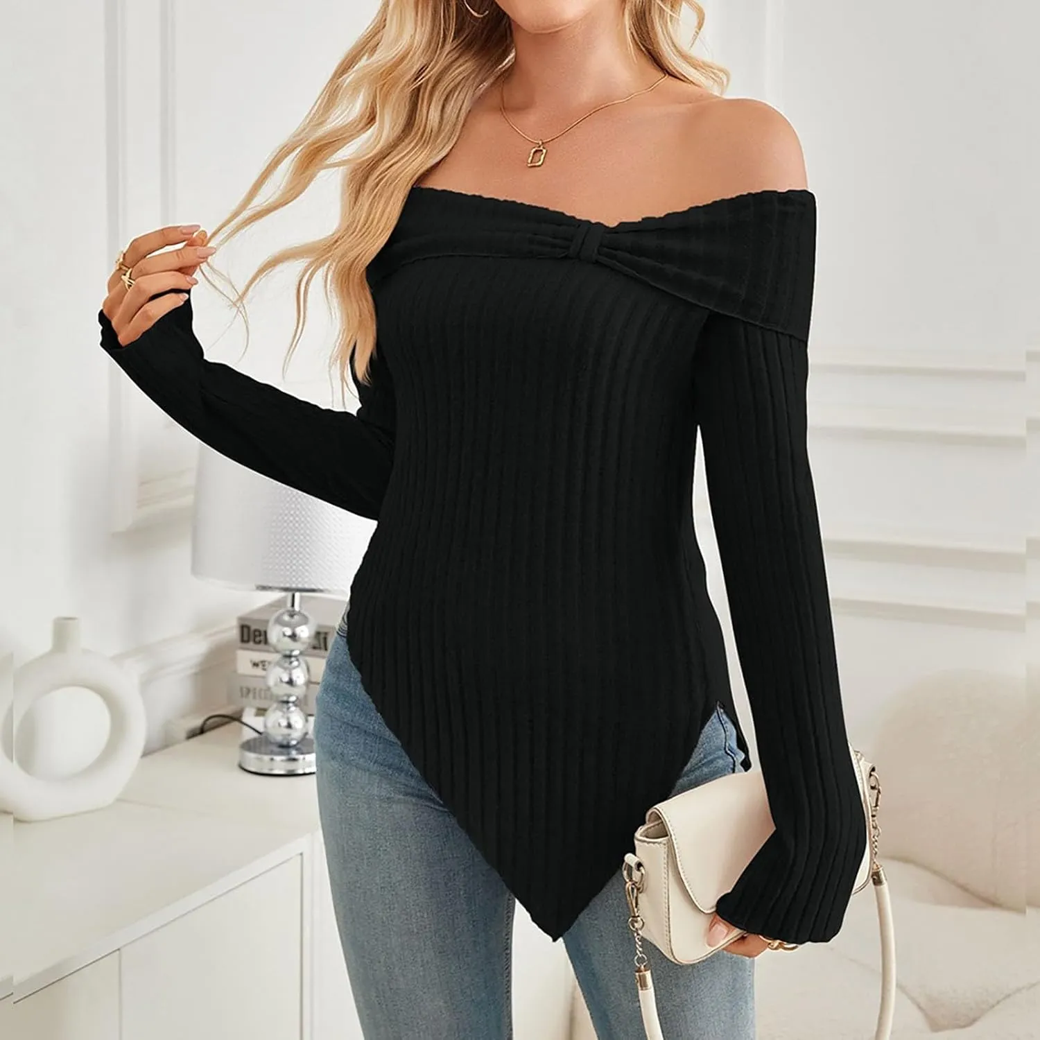 Womens Off Shoulder Sweater Tops Lettuce Trim Long Sleeve Ribbed Knit Asymmetrical Slim Fit Pullover Tee T-Shirt