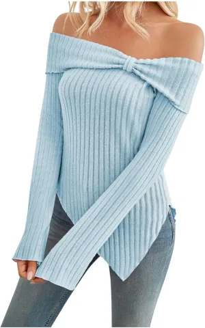 Womens Off Shoulder Sweater Tops Lettuce Trim Long Sleeve Ribbed Knit Asymmetrical Slim Fit Pullover Tee T-Shirt