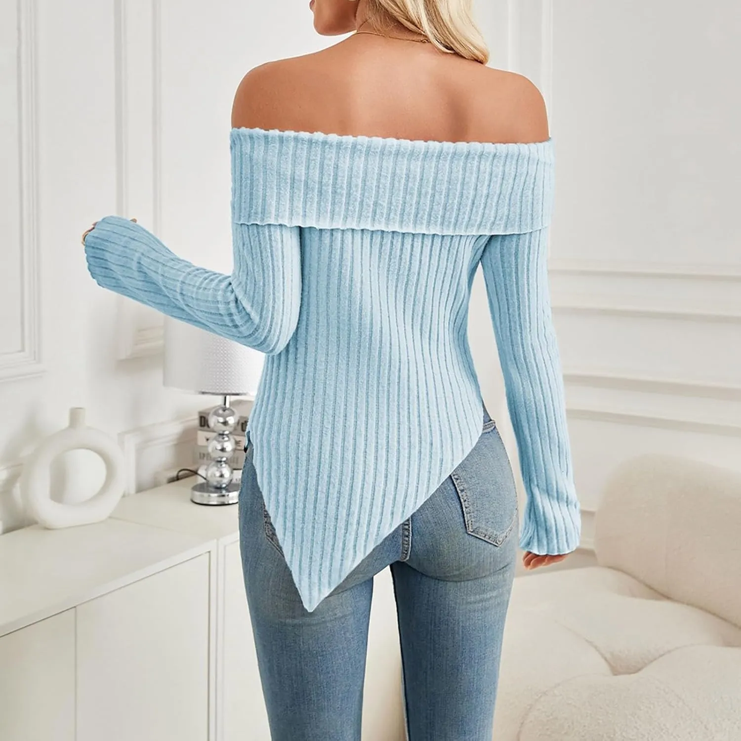Womens Off Shoulder Sweater Tops Lettuce Trim Long Sleeve Ribbed Knit Asymmetrical Slim Fit Pullover Tee T-Shirt