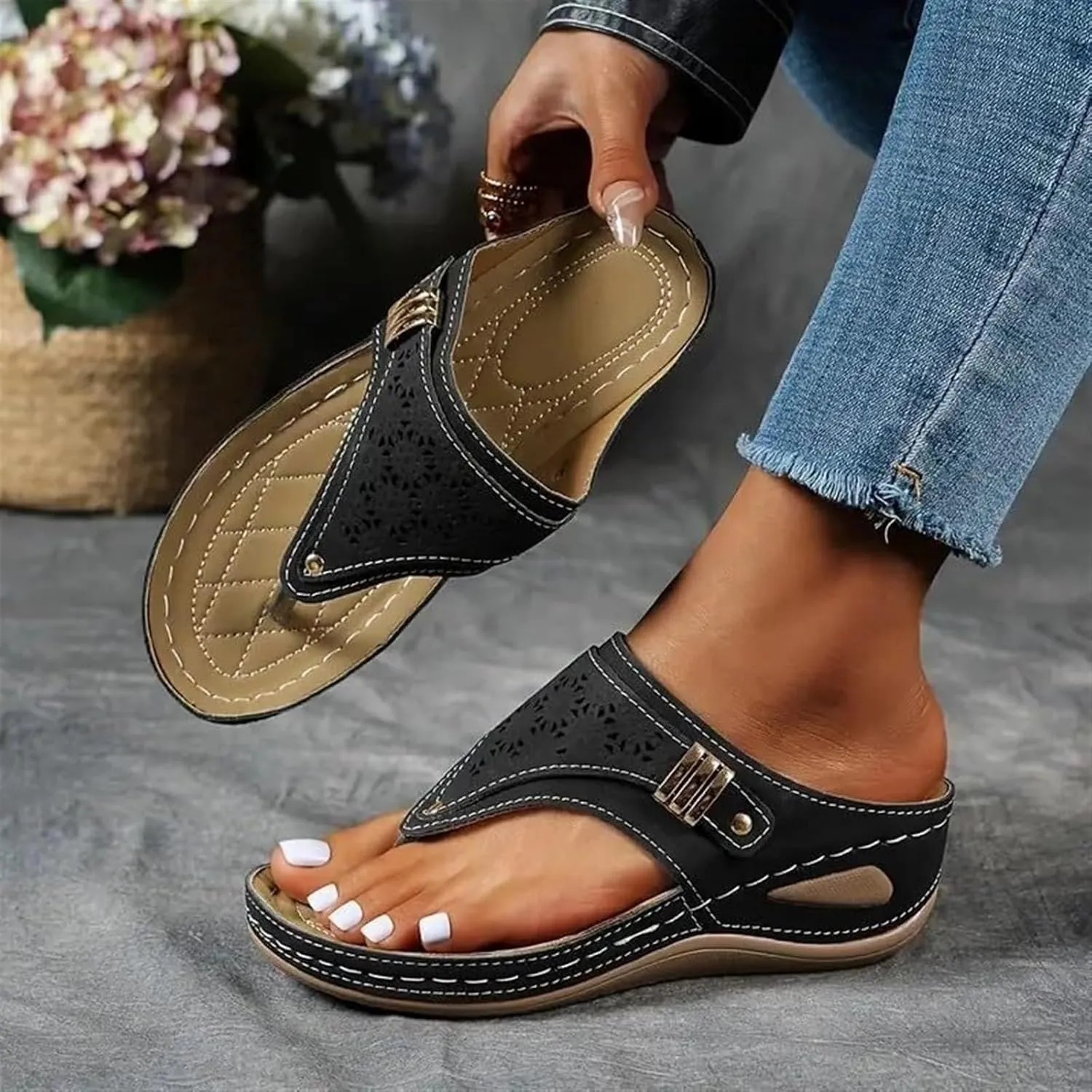Womens Orthopedic Sandals Breathable Mesh Arch Support Platform Wedges Comfortable Flip Flops Slip on Sandal