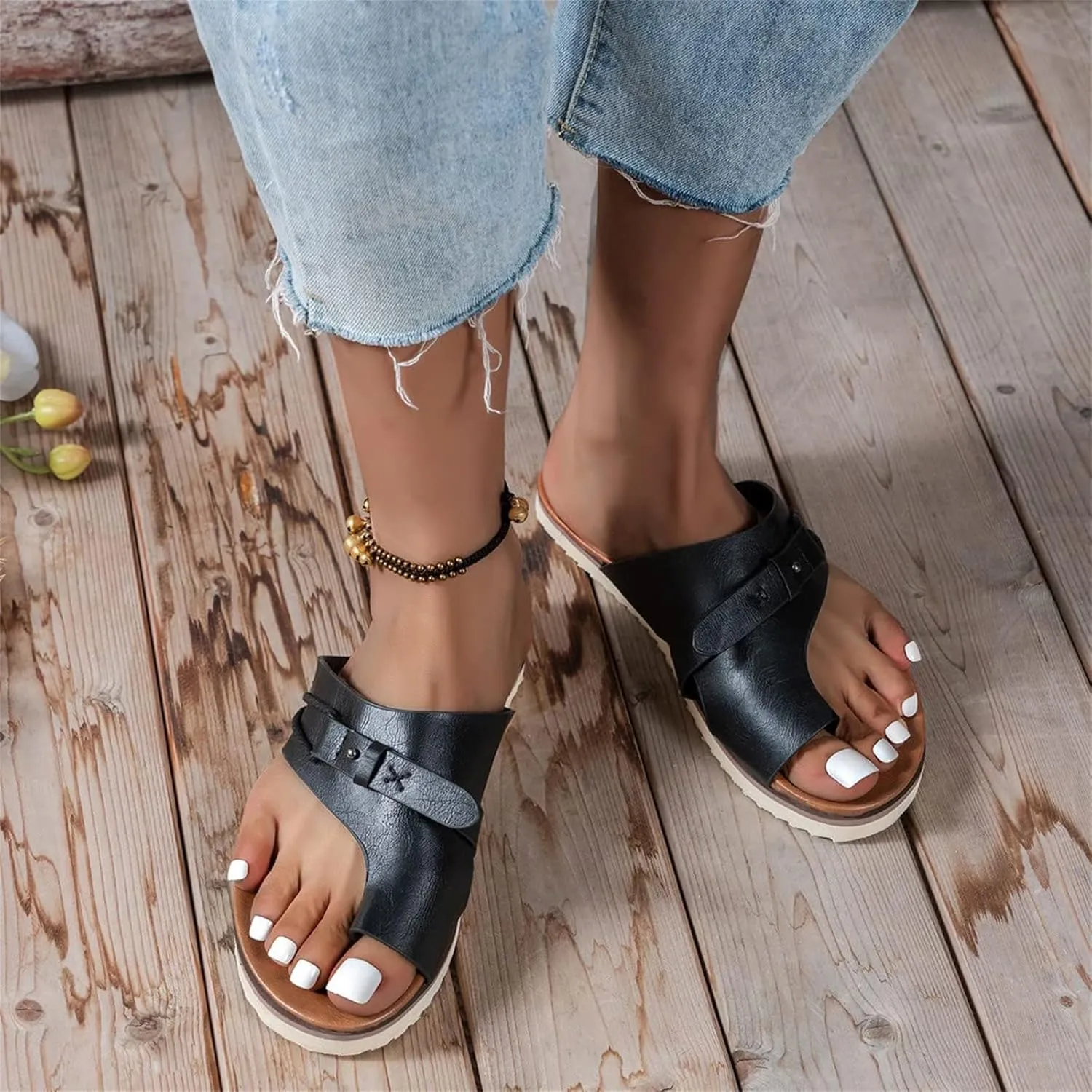 Womens Orthopedic Sandals Summer Comfy Big Toe Correction Sandal Walking Bunion Flip Flops Lightweight Breathable Leather Workout Slippers Platform Flat Sole Beach Shoes