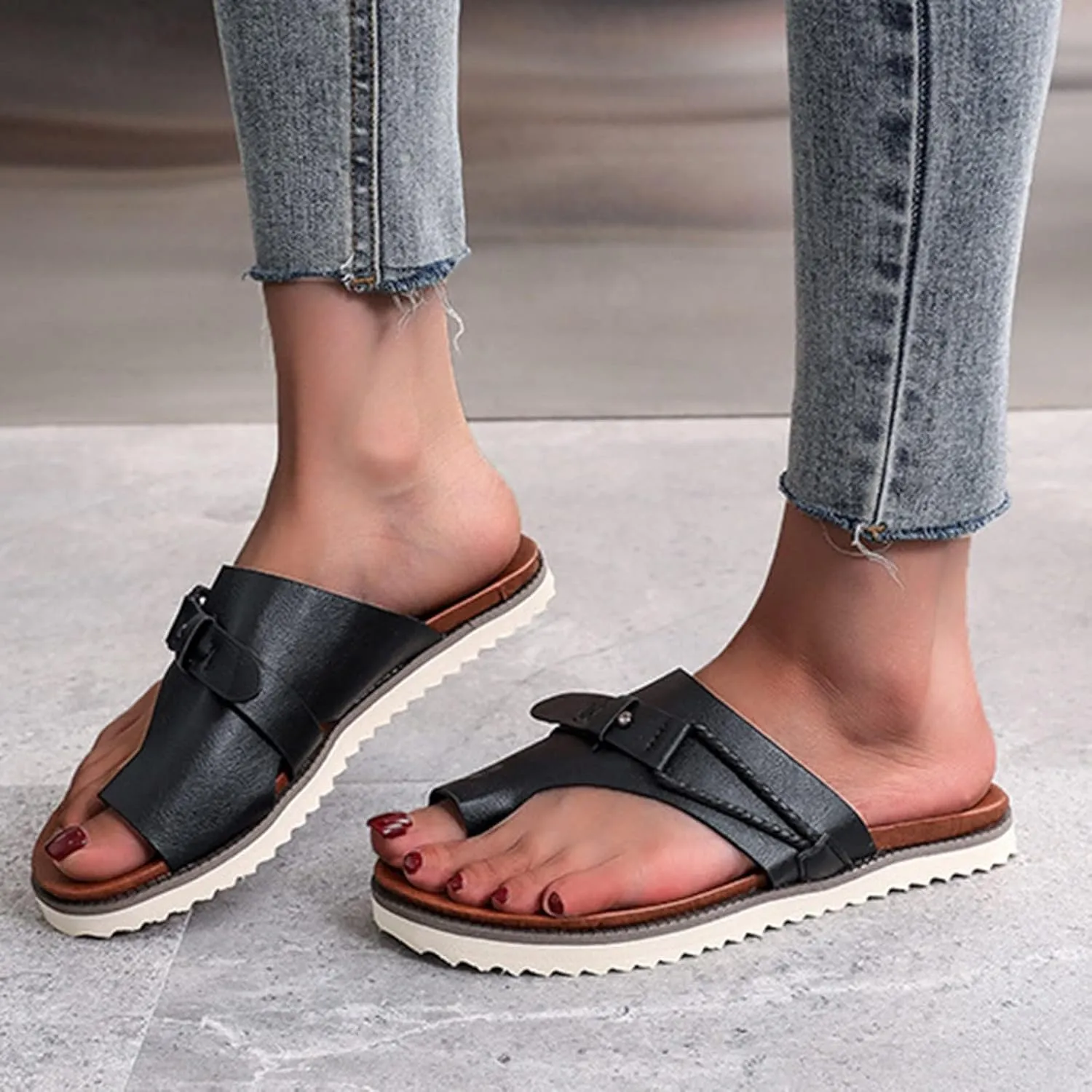 Womens Orthopedic Sandals Summer Comfy Big Toe Correction Sandal Walking Bunion Flip Flops Lightweight Breathable Leather Workout Slippers Platform Flat Sole Beach Shoes