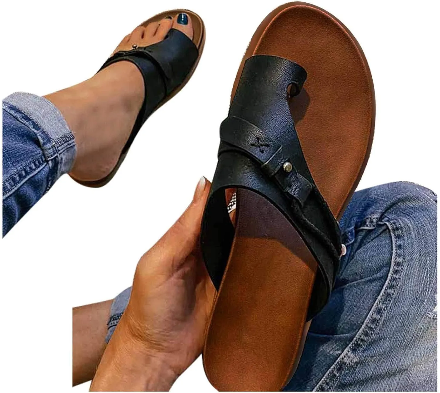 Womens Orthopedic Sandals Summer Comfy Big Toe Correction Sandal Walking Bunion Flip Flops Lightweight Breathable Leather Workout Slippers Platform Flat Sole Beach Shoes
