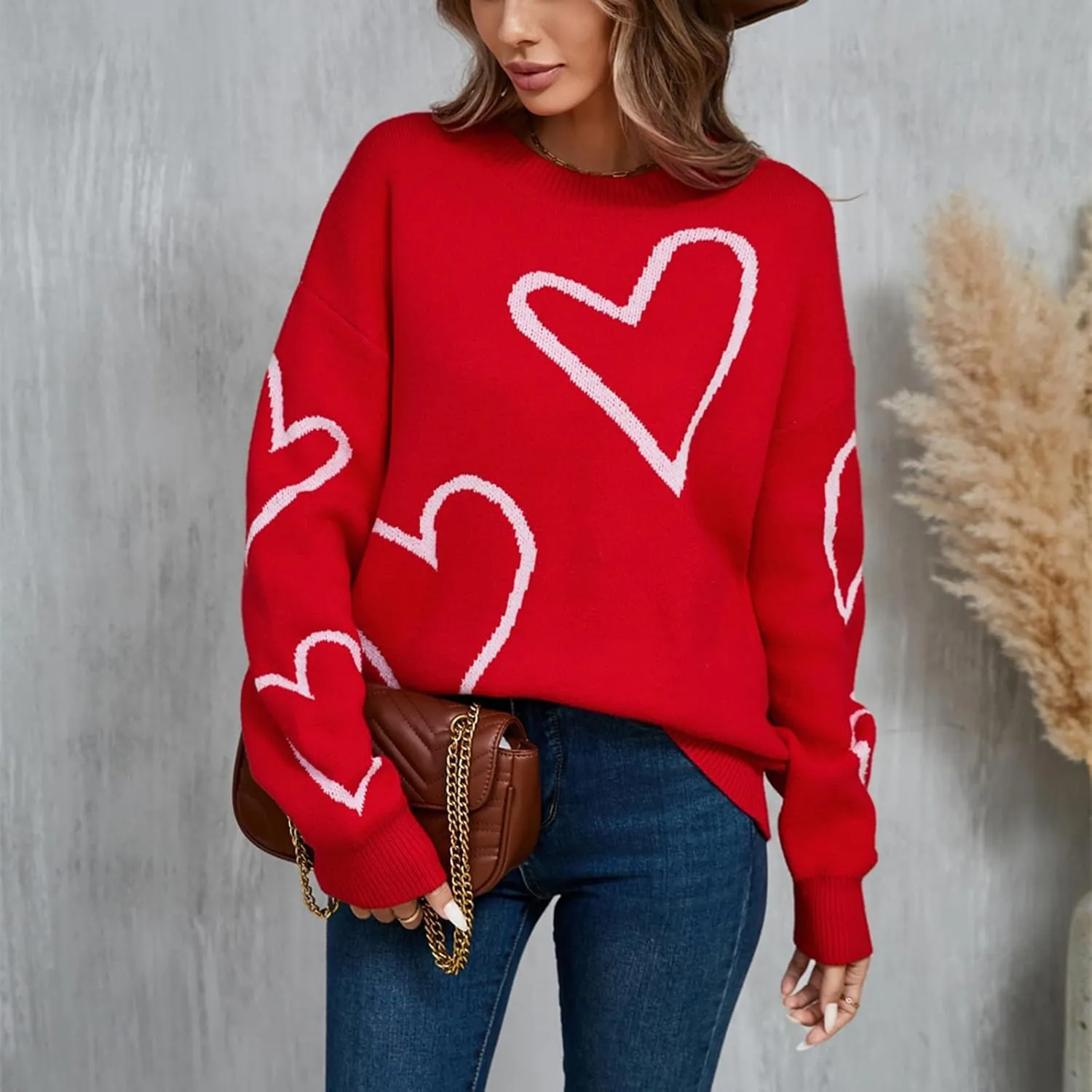 Women's Oversized Cute Heart Print Sweaters Fashion Long Sleeve Sweaters Crewneck Loose Pullover Knitted Tops