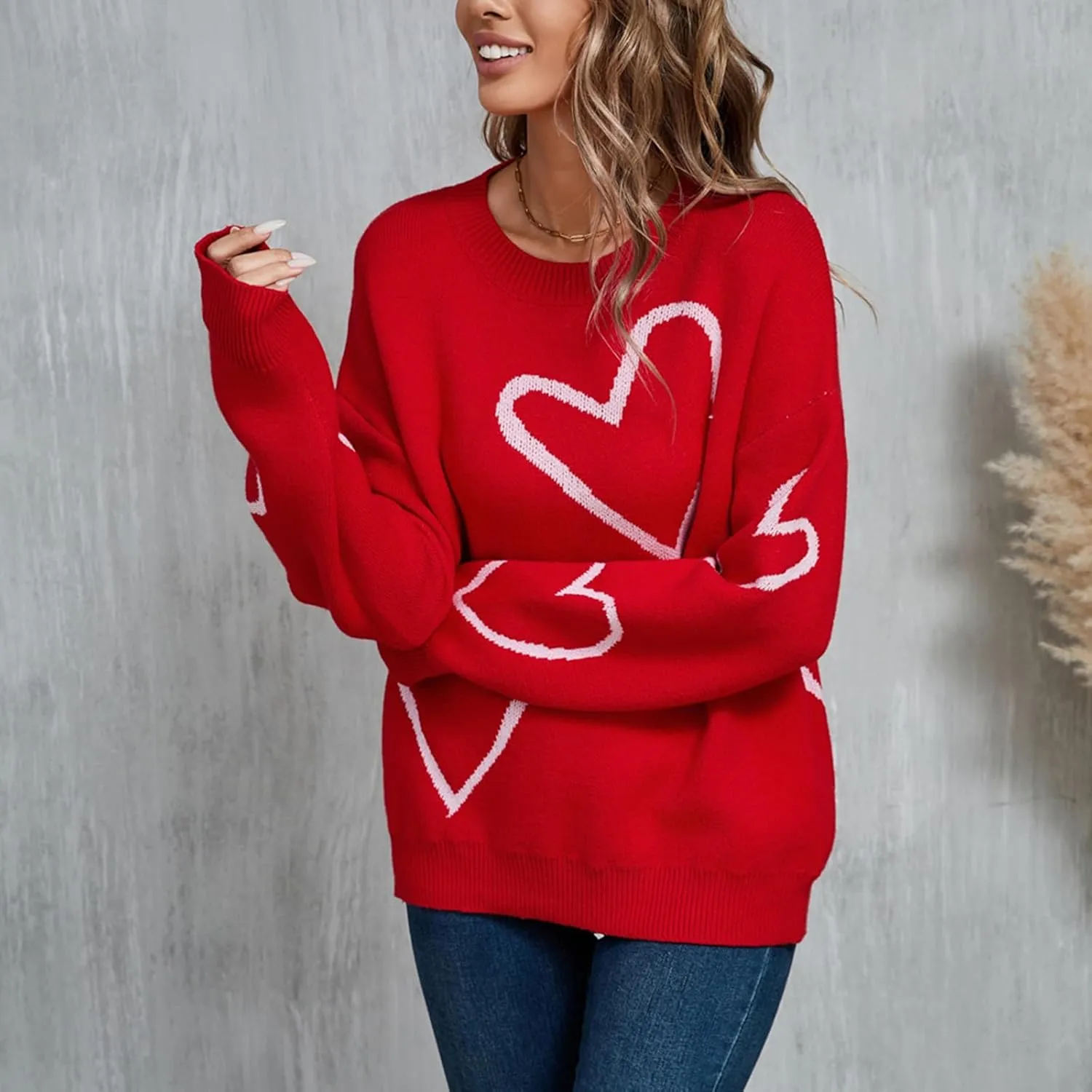 Women's Oversized Cute Heart Print Sweaters Fashion Long Sleeve Sweaters Crewneck Loose Pullover Knitted Tops