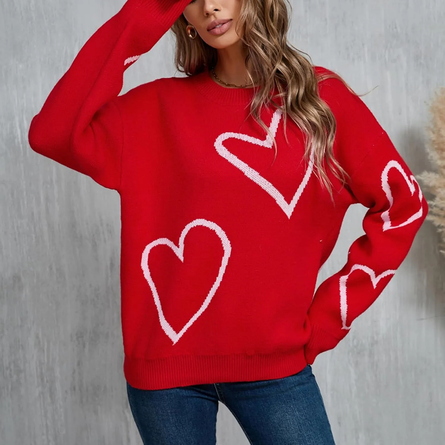 Women's Oversized Cute Heart Print Sweaters Fashion Long Sleeve Sweaters Crewneck Loose Pullover Knitted Tops