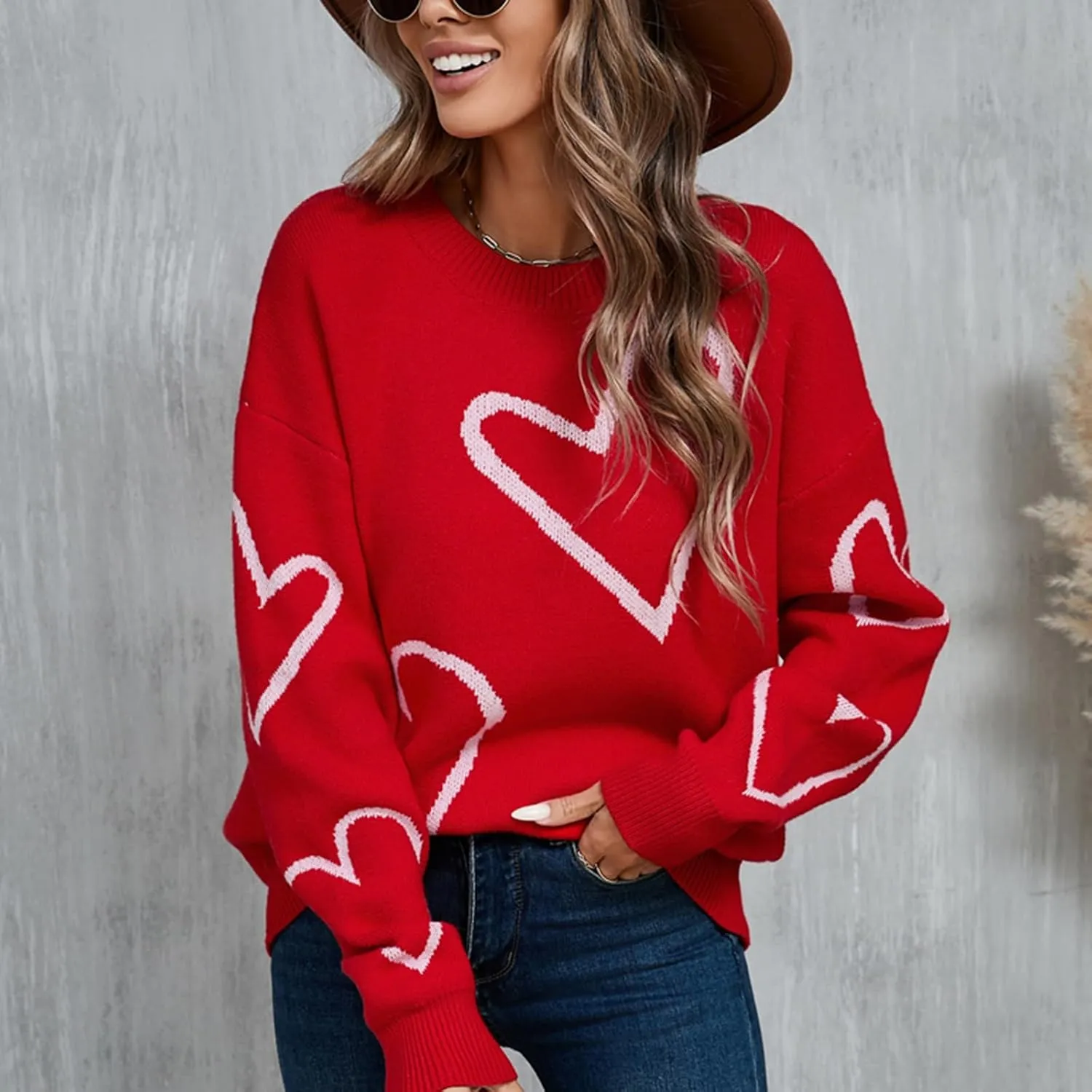 Women's Oversized Cute Heart Print Sweaters Fashion Long Sleeve Sweaters Crewneck Loose Pullover Knitted Tops