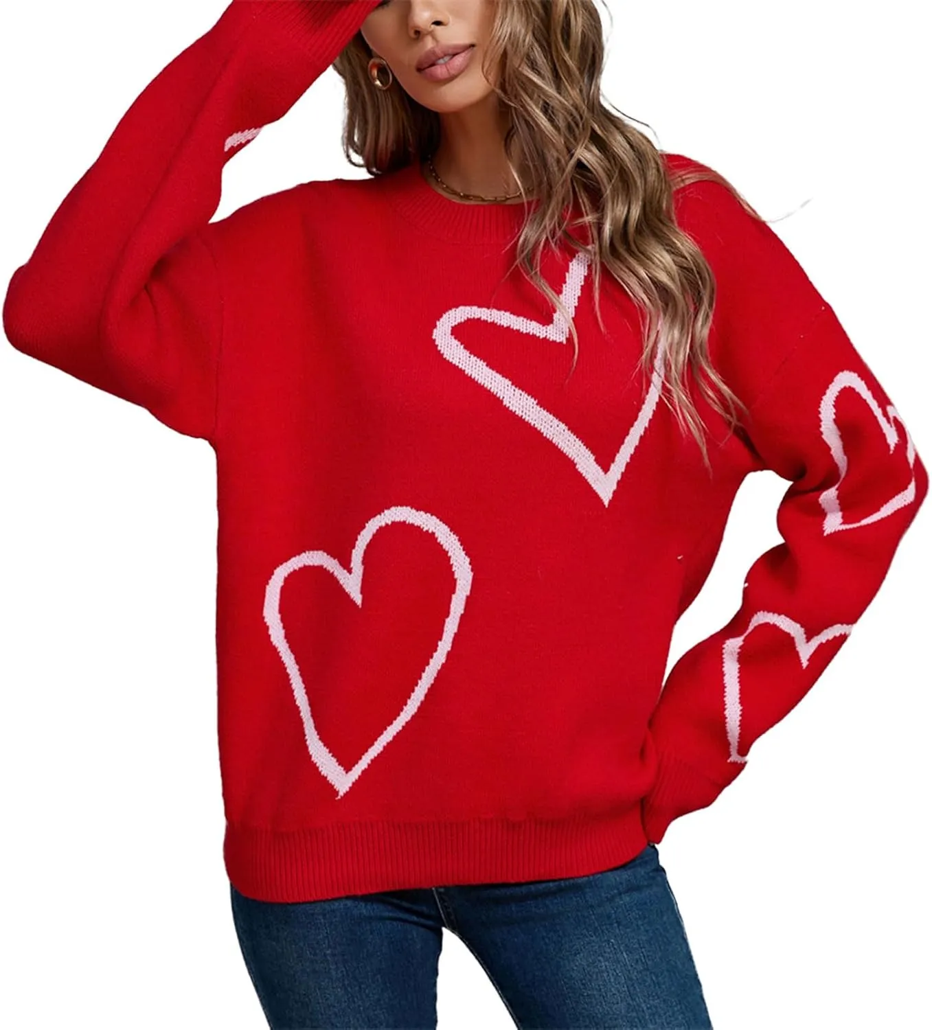 Women's Oversized Cute Heart Print Sweaters Fashion Long Sleeve Sweaters Crewneck Loose Pullover Knitted Tops