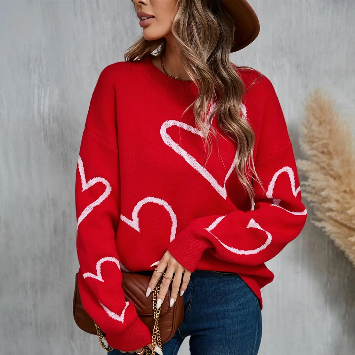 Women's Oversized Cute Heart Print Sweaters Fashion Long Sleeve Sweaters Crewneck Loose Pullover Knitted Tops