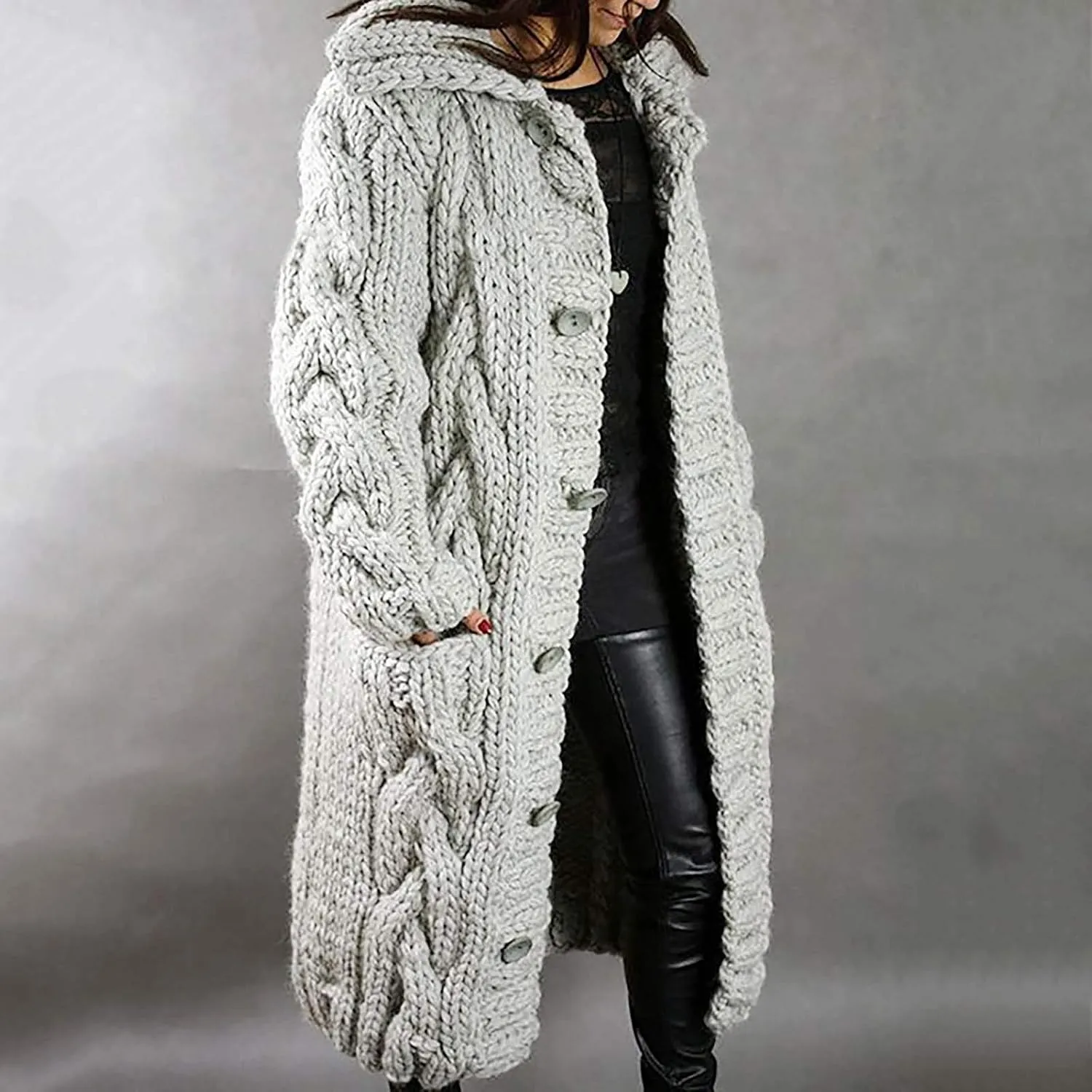 Women's Oversized Open Front Long Sleeve Cardigan Chunky Knit Sweaters Winter Open Front with Pockets Knit Sweater Tops