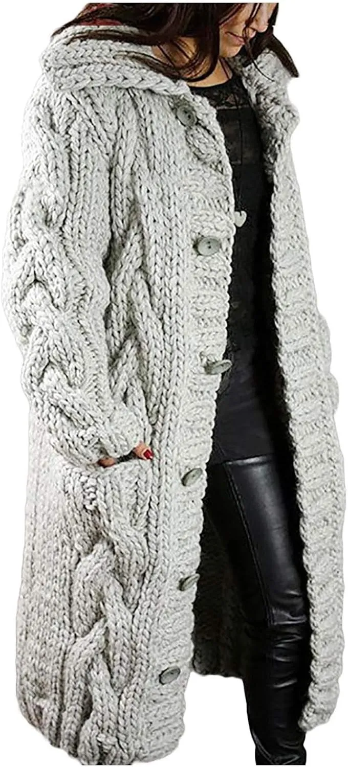 Women's Oversized Open Front Long Sleeve Cardigan Chunky Knit Sweaters Winter Open Front with Pockets Knit Sweater Tops