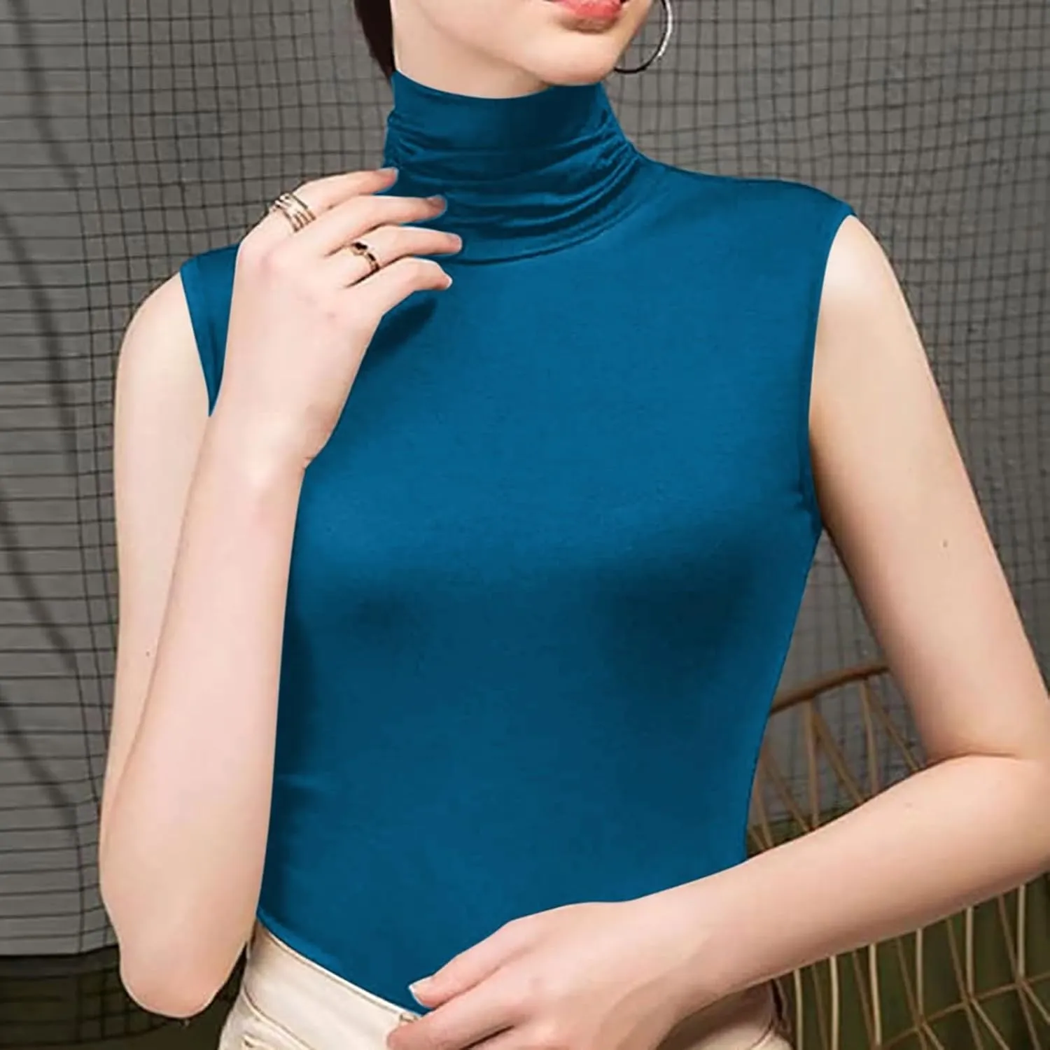 Women's Pile Neck Sleeveless Under A Tight Vest High Neck Thin Base Lacy Top Women