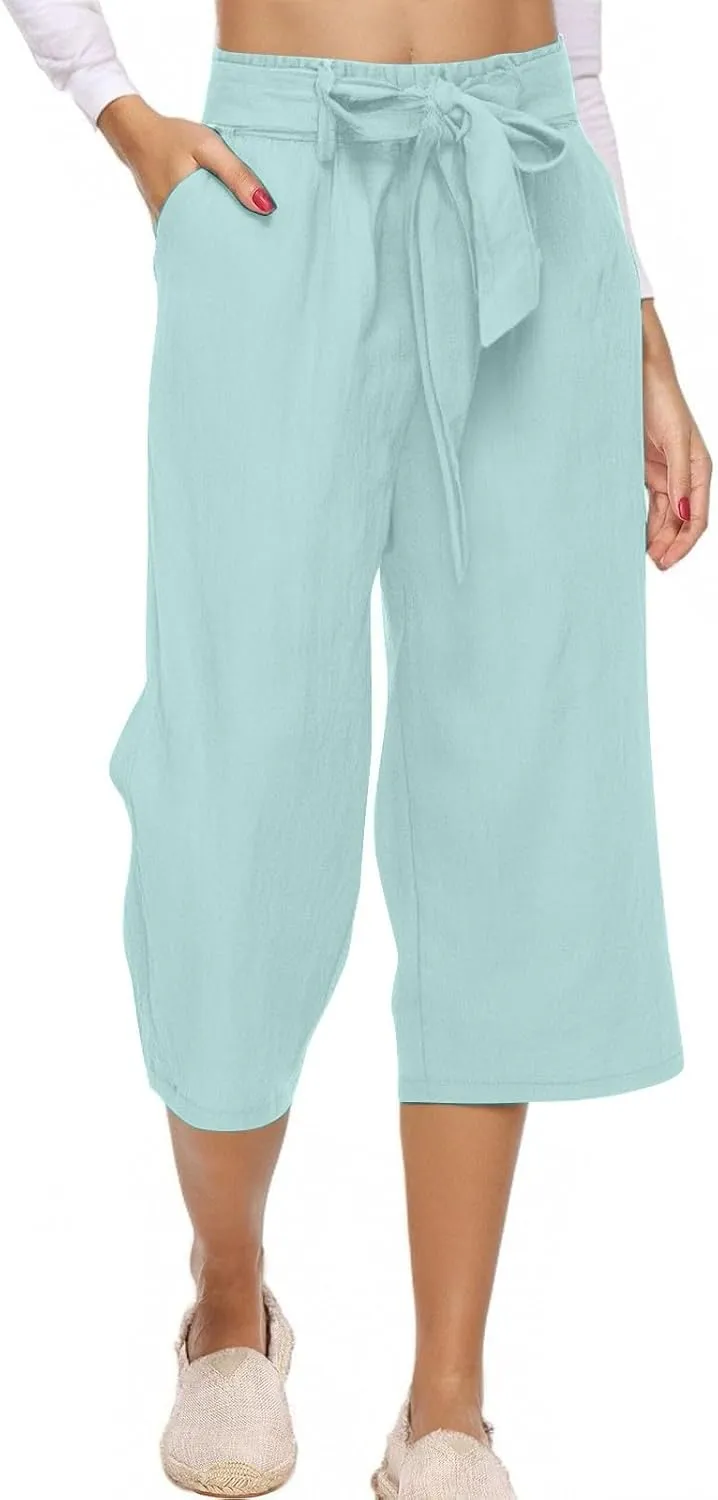 Womens Plus Size Capris Pants 2025 Casual Solid Elastic High Waist Lounge Pants Drawstring Wide Leg Cropped Trousers