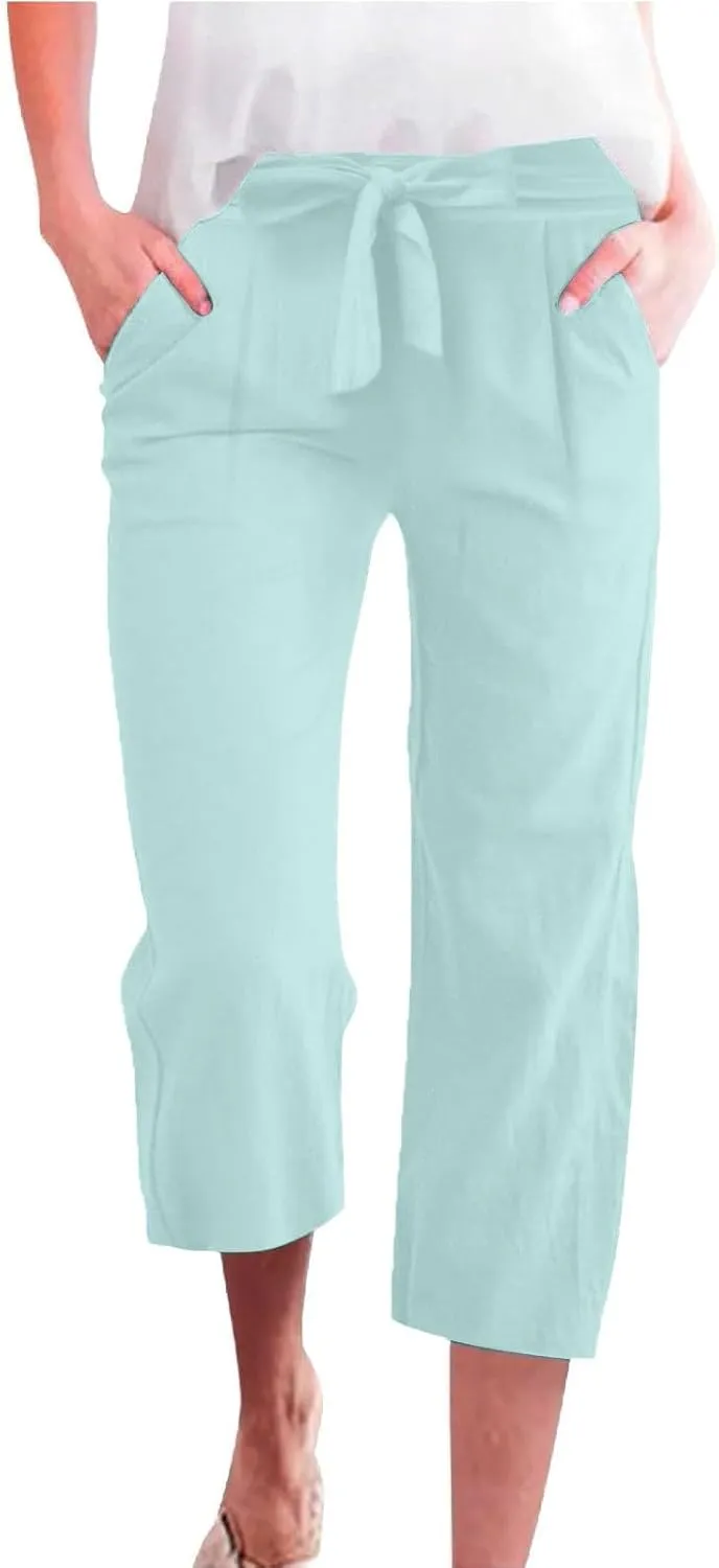 Womens Plus Size Capris Pants 2025 Casual Solid Elastic High Waist Lounge Pants Drawstring Wide Leg Cropped Trousers