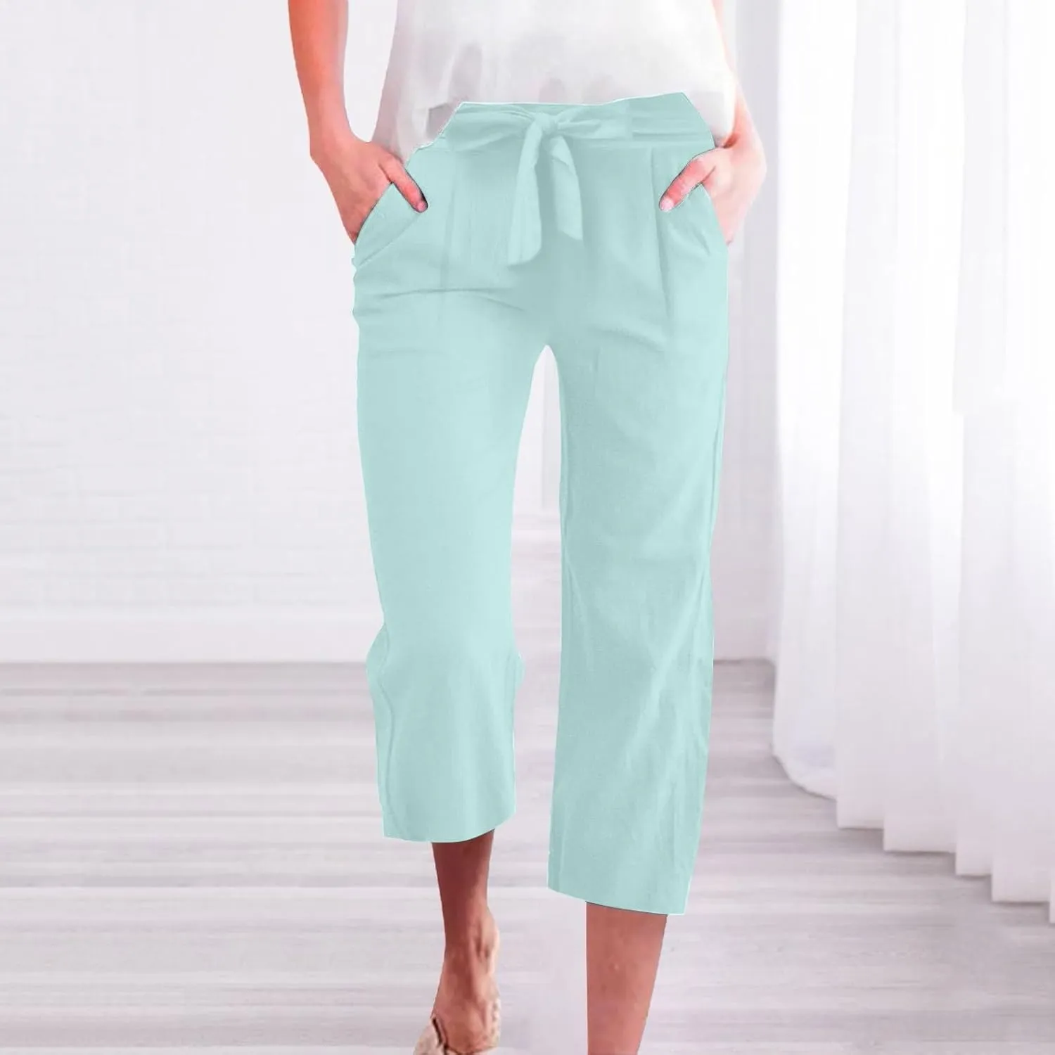 Womens Plus Size Capris Pants 2025 Casual Solid Elastic High Waist Lounge Pants Drawstring Wide Leg Cropped Trousers