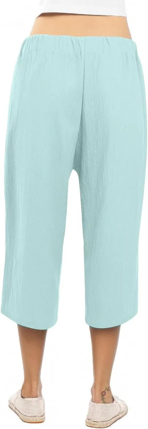 Womens Plus Size Capris Pants 2025 Casual Solid Elastic High Waist Lounge Pants Drawstring Wide Leg Cropped Trousers