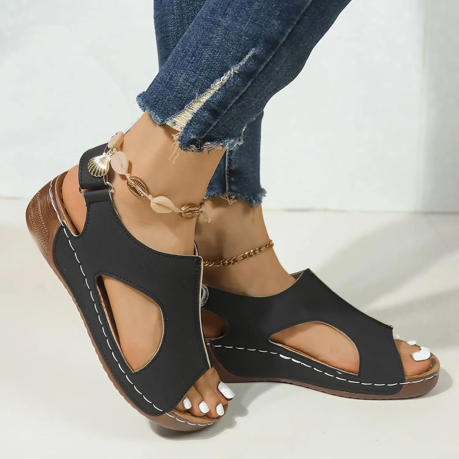 Womens Sandals Wedge Comfortable Orthopedic Slip On Beach Sandals Open Toe Lightweight Yoga Ma Shoes and Hook and Loop Closure Ankle Strap Available Shoes with Arch Support