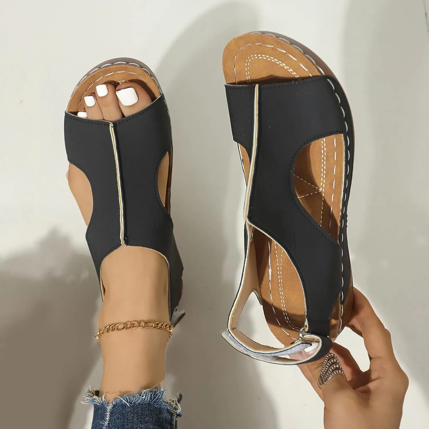 Womens Sandals Wedge Comfortable Orthopedic Slip On Beach Sandals Open Toe Lightweight Yoga Ma Shoes and Hook and Loop Closure Ankle Strap Available Shoes with Arch Support