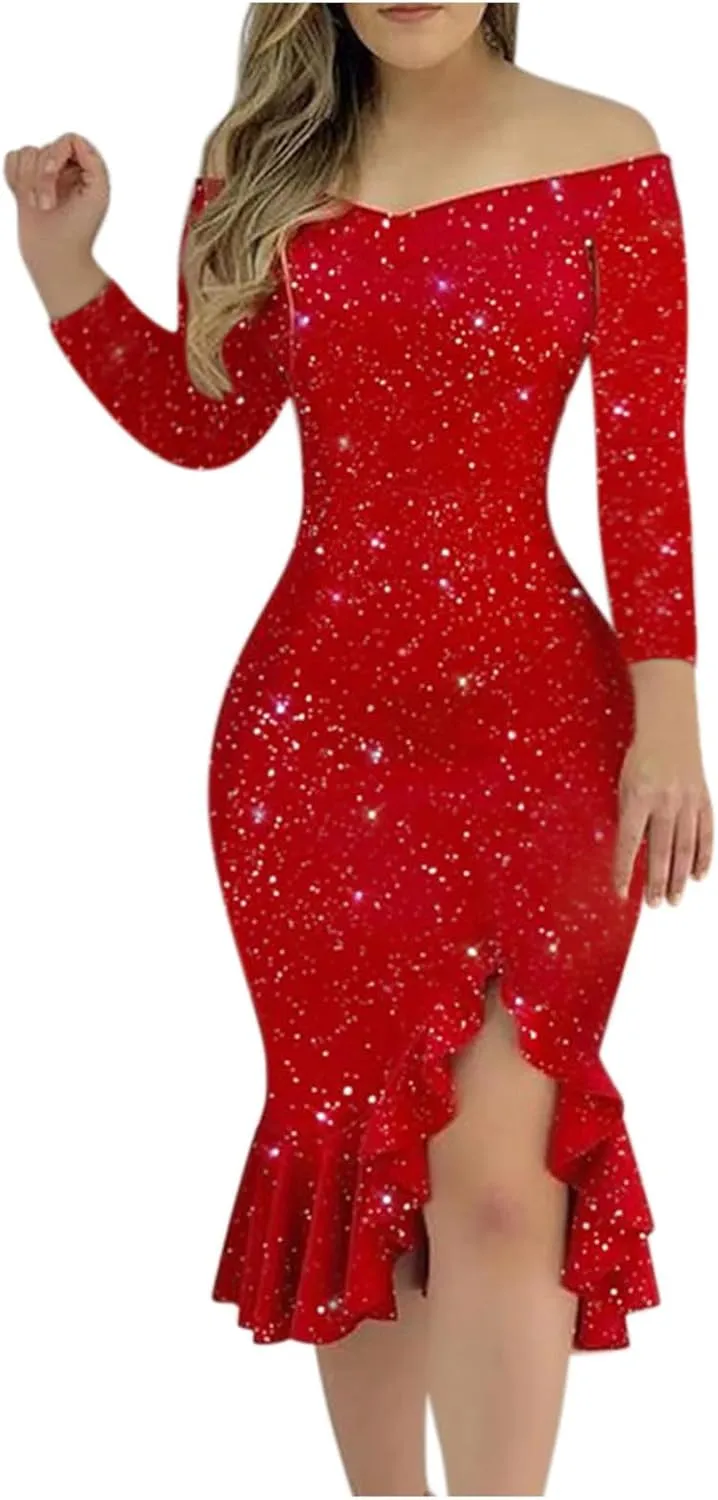Womens Sequin Dress Cold Shoulder Long Sleeve Cocktail Dress High Low Wedding Party Ruffle Midi Dress Evening Gown