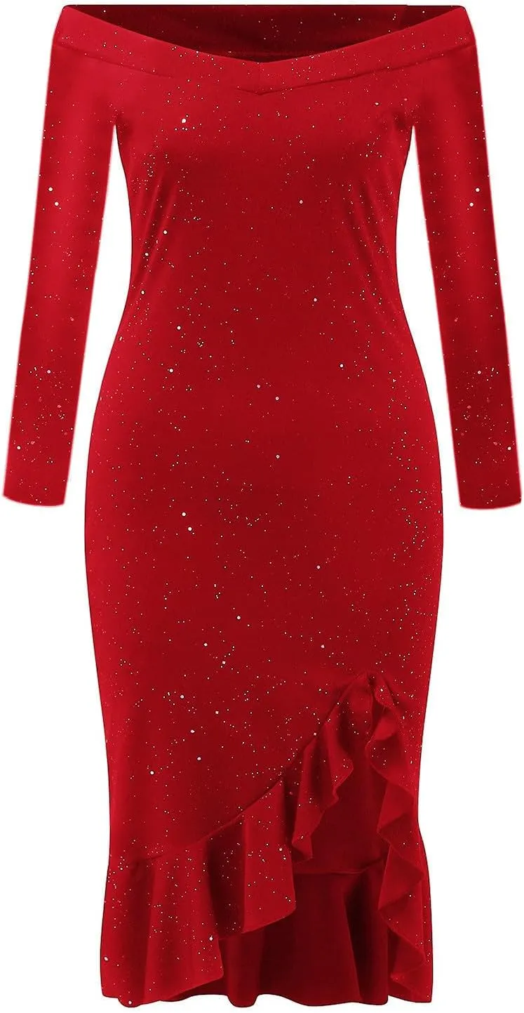 Womens Sequin Dress Cold Shoulder Long Sleeve Cocktail Dress High Low Wedding Party Ruffle Midi Dress Evening Gown