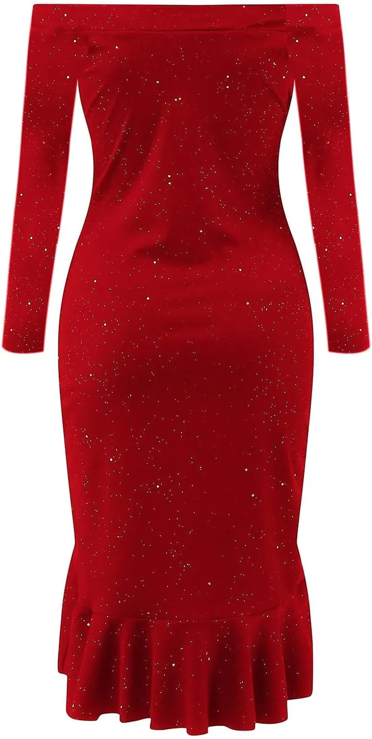 Womens Sequin Dress Cold Shoulder Long Sleeve Cocktail Dress High Low Wedding Party Ruffle Midi Dress Evening Gown