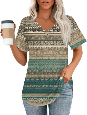 Womens Shirts V Neck Short Sleeve Casual Summer Tops Loose Fit Basic Tees with Curved Hem Trendy 2025