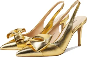 Women's Slingback Heels with Bow Leather Pointed Toe Pumps with Elasticated Strap 3.3" High Heels Evening Comfy Dress Shoes