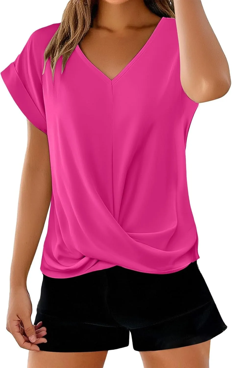 Womens Solid Color Tops Elegant Twist Knot Shirts Short Sleeve V Neck Blouses 2025 Casual Summer Outfits Fashion