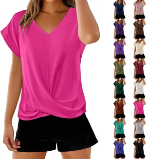 Womens Solid Color Tops Elegant Twist Knot Shirts Short Sleeve V Neck Blouses 2025 Casual Summer Outfits Fashion