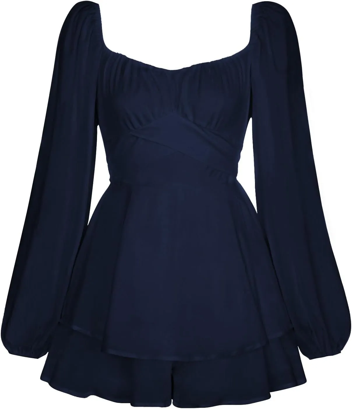 Womens Square Neck Dress Long Lantern Sleeve Tie Backless Ruffle Elastic Waist Above Knee Length Midi Dresses