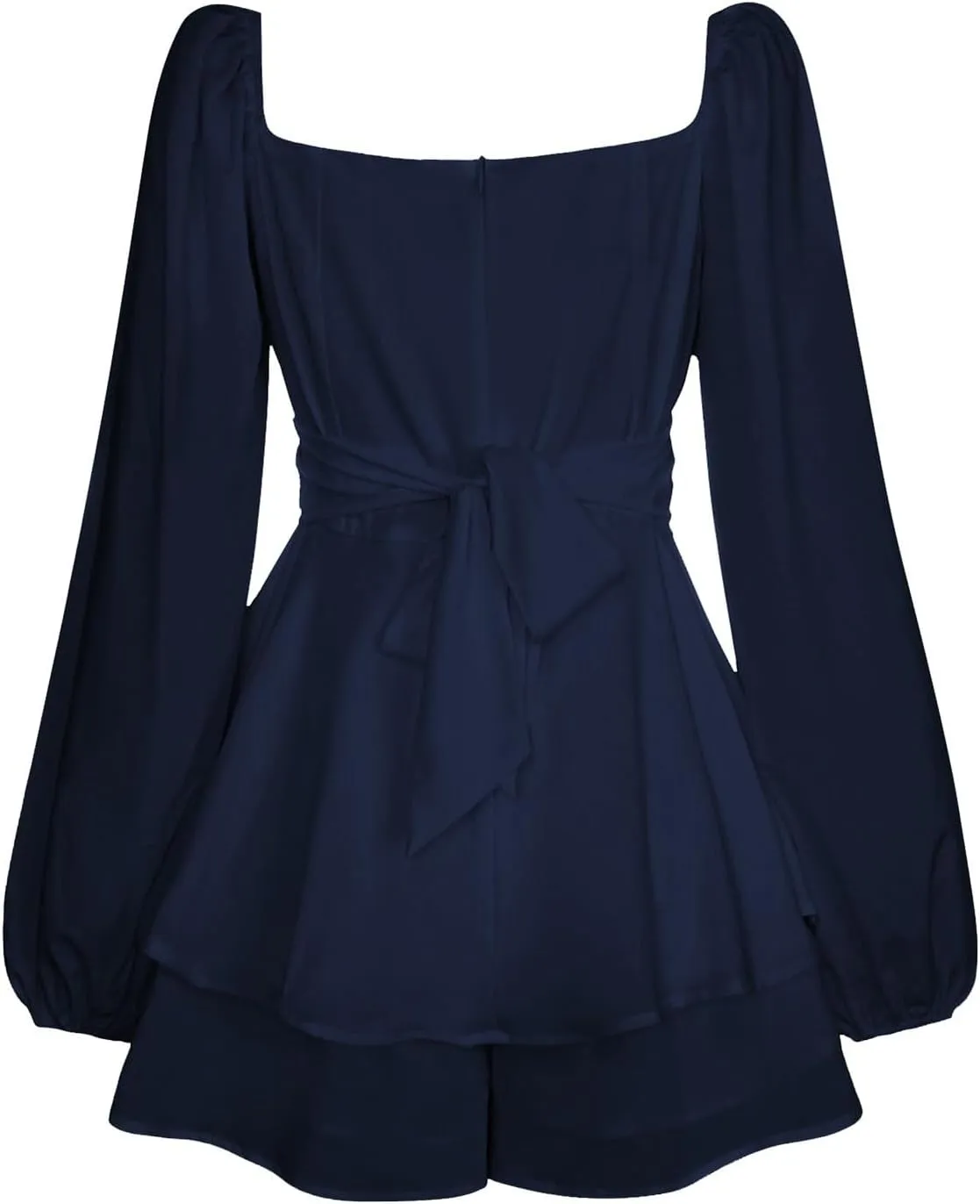 Womens Square Neck Dress Long Lantern Sleeve Tie Backless Ruffle Elastic Waist Above Knee Length Midi Dresses