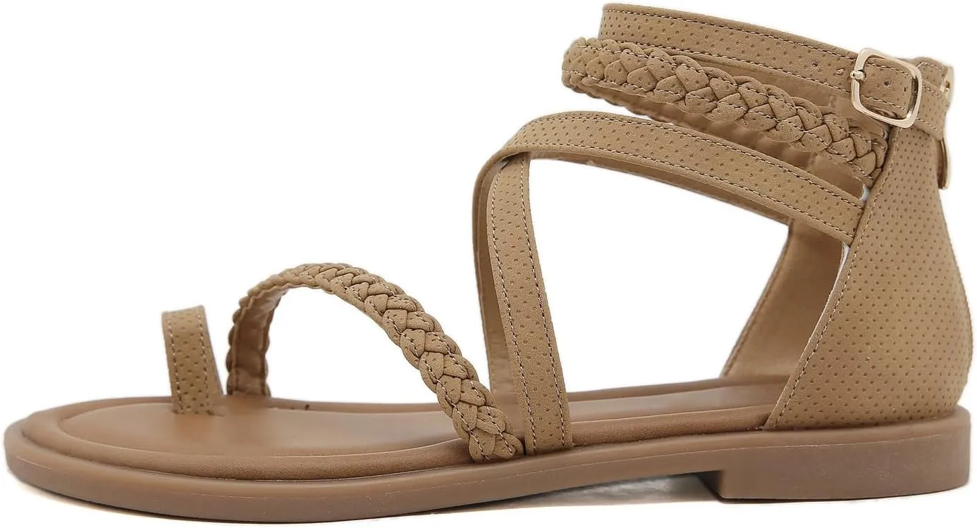 Womens Strappy Sandals Trendy Comfortable Beach Flat Sandals Summer Slip On Shoes Ankle Strap Casual Dressy Sandal